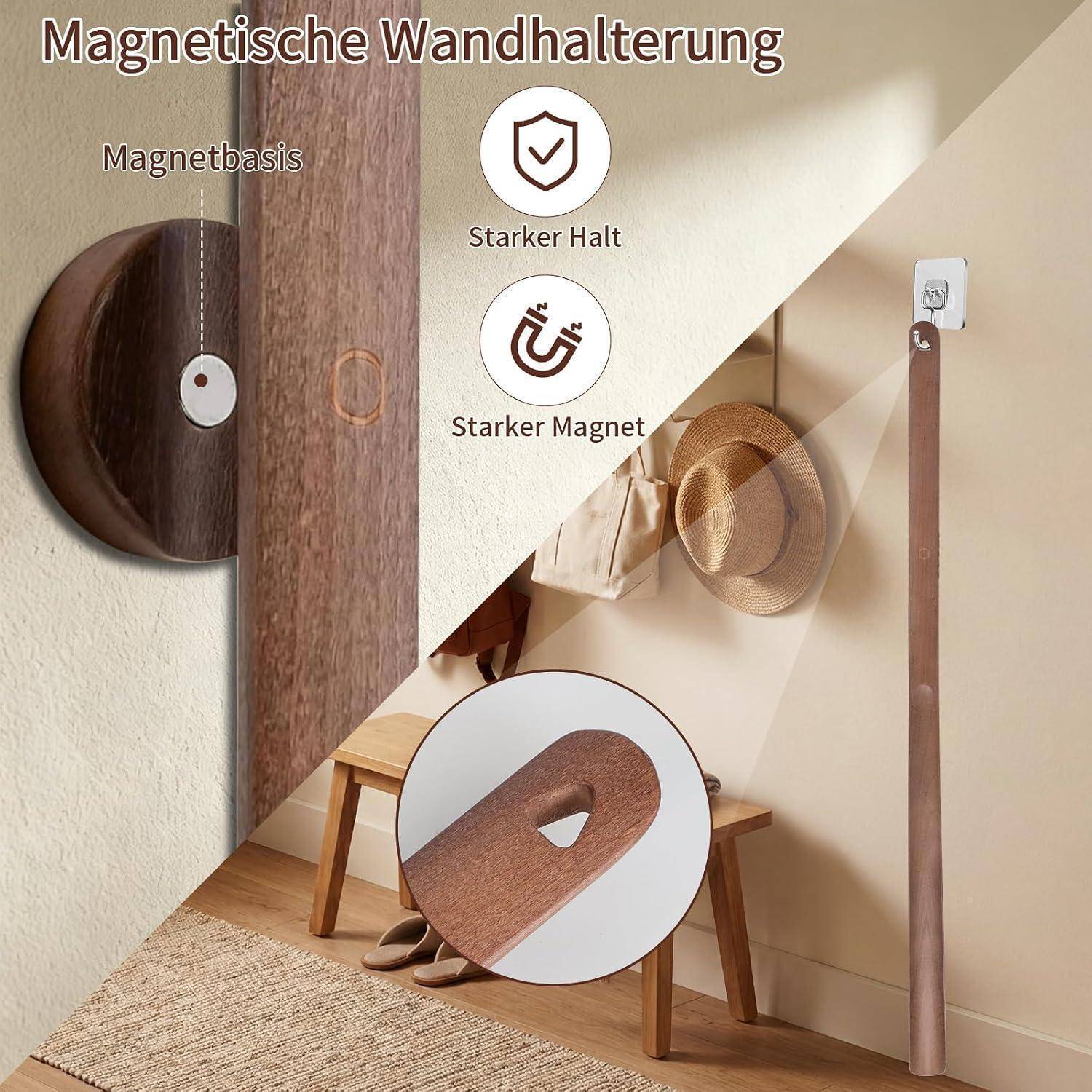 Illustration eines magnetischen Wandhaltersystems mit einem Riemen in Holzoptik, einer wandmontierten Magnetbasis und einer hängenden Mütze und Tasche, um die 