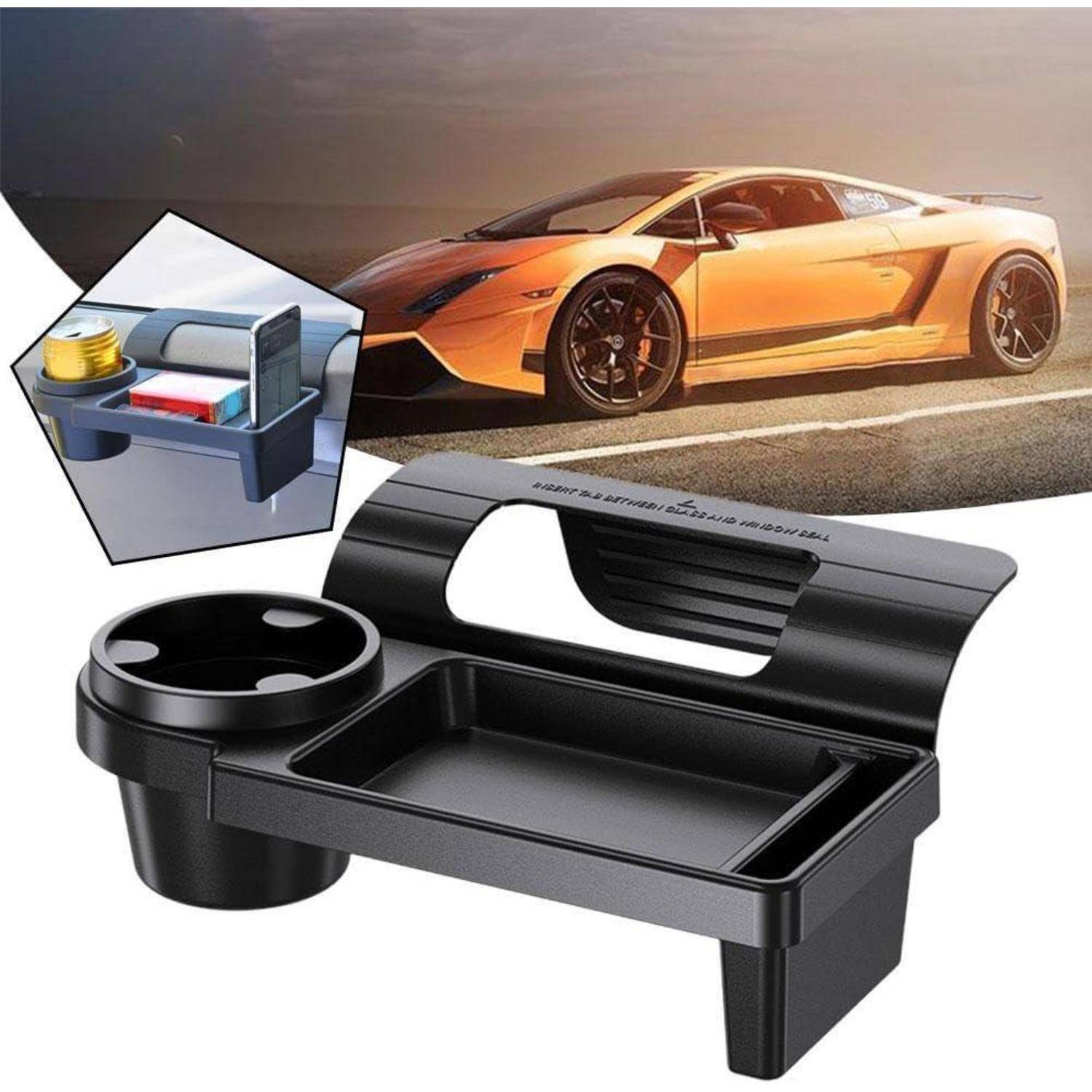 Autositz-Organizer-Tablett mit Becherhalter und Lagerungsfach, gezeigt in der Installation im Inneren eines Sportwagens und hervorgehoben mit einer Nahaufnahme seiner integrierten Schublade.