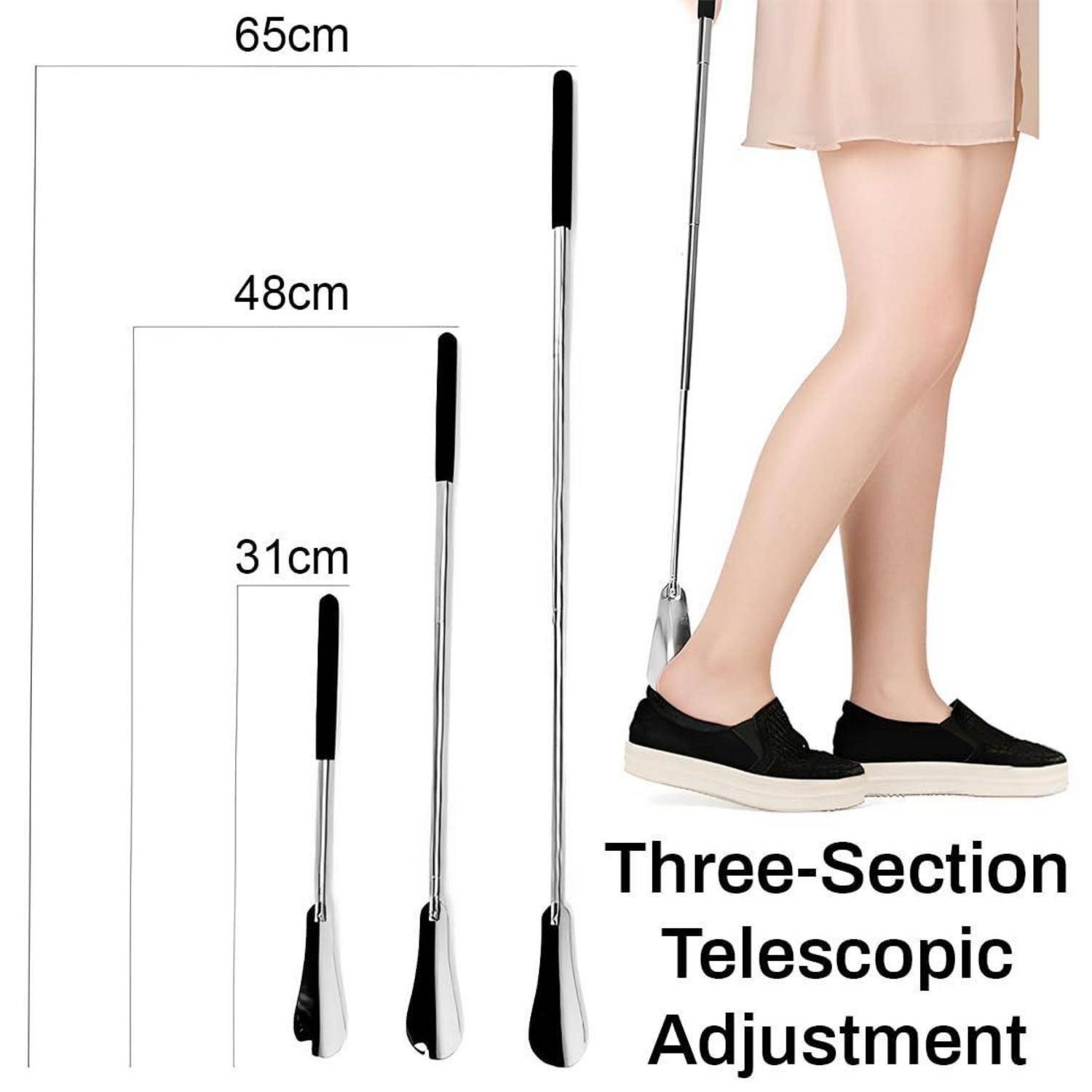 Drei verstellbare Teleskop-Schuhlöffel in den Längen 31 cm, 48 cm und 65 cm neben einer Person, die den längsten verwendet.