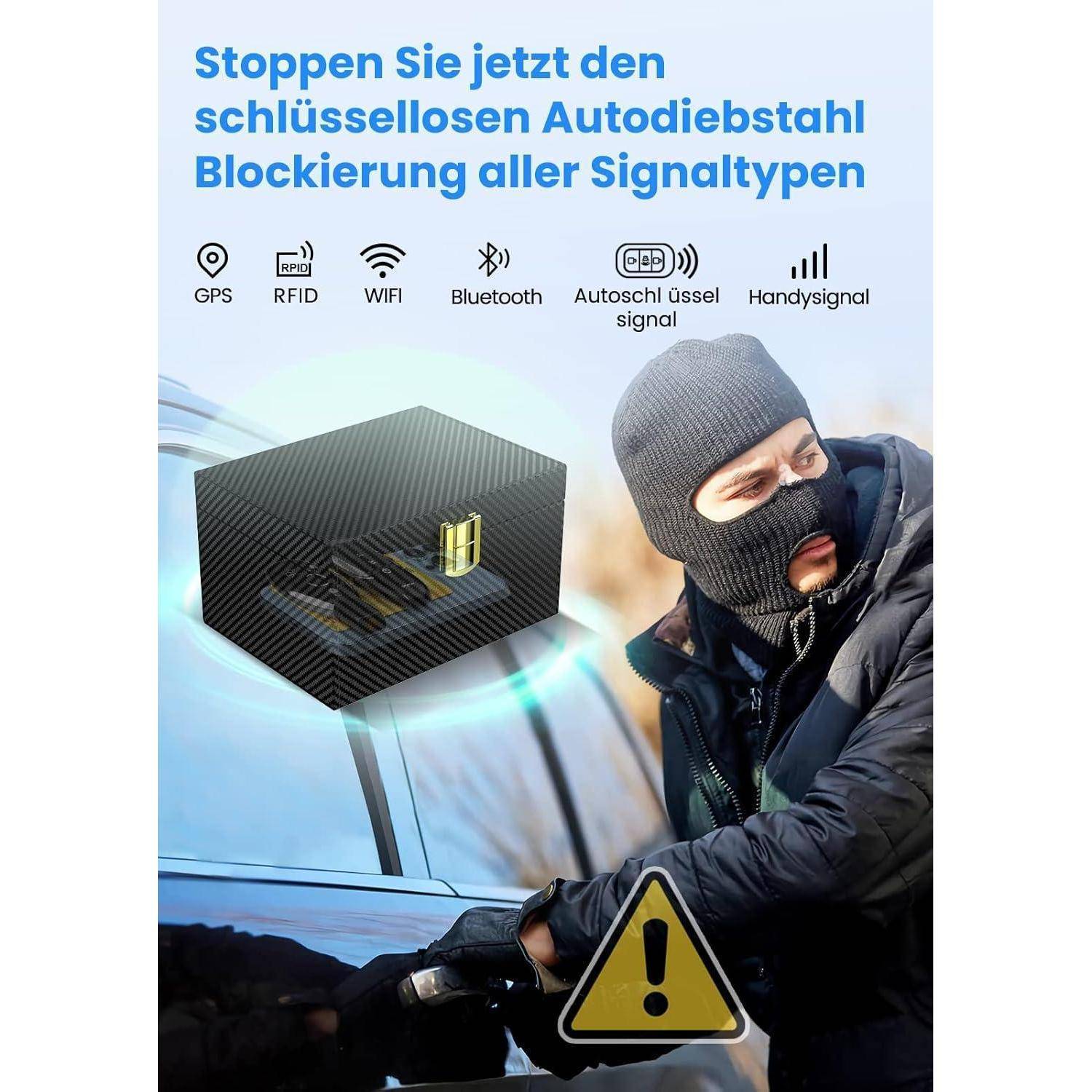 Anonymer Dieb neben einem Auto mit Symbolen für GPS, RFID, WiFi, Bluetooth, schlüsselloses Signal und Mobilfunksignal blockiert.