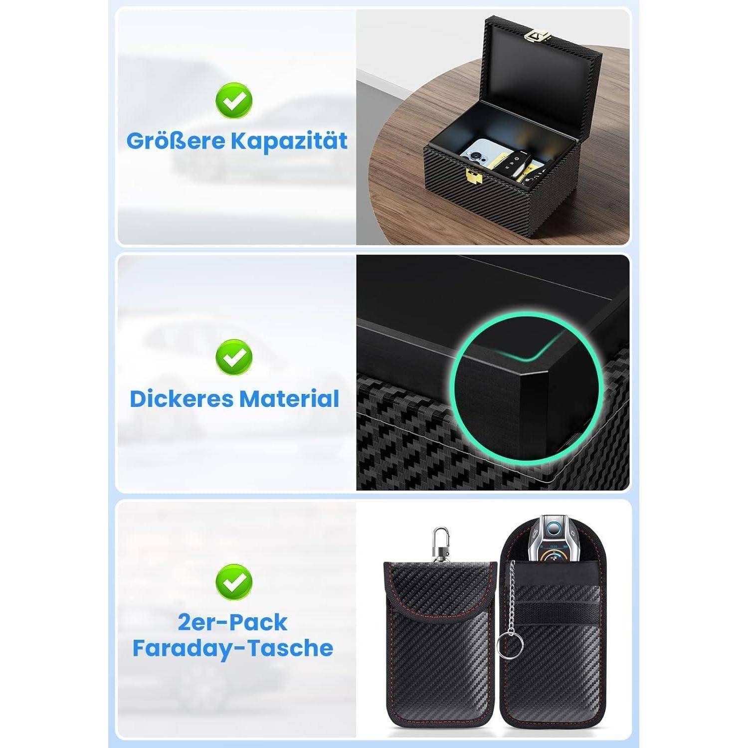 Werbe-Vergleichsgrafik mit einer Carbon-Fiber-Faraday-Tasche mit „Größerer Kapazität", „Dicherem Material"" und „2er-Pack Faraday-Tasche"" – mit Hervorhebung der größeren Kapazität, des dickeren Materials und eines Zwei-Pack-Sets.
