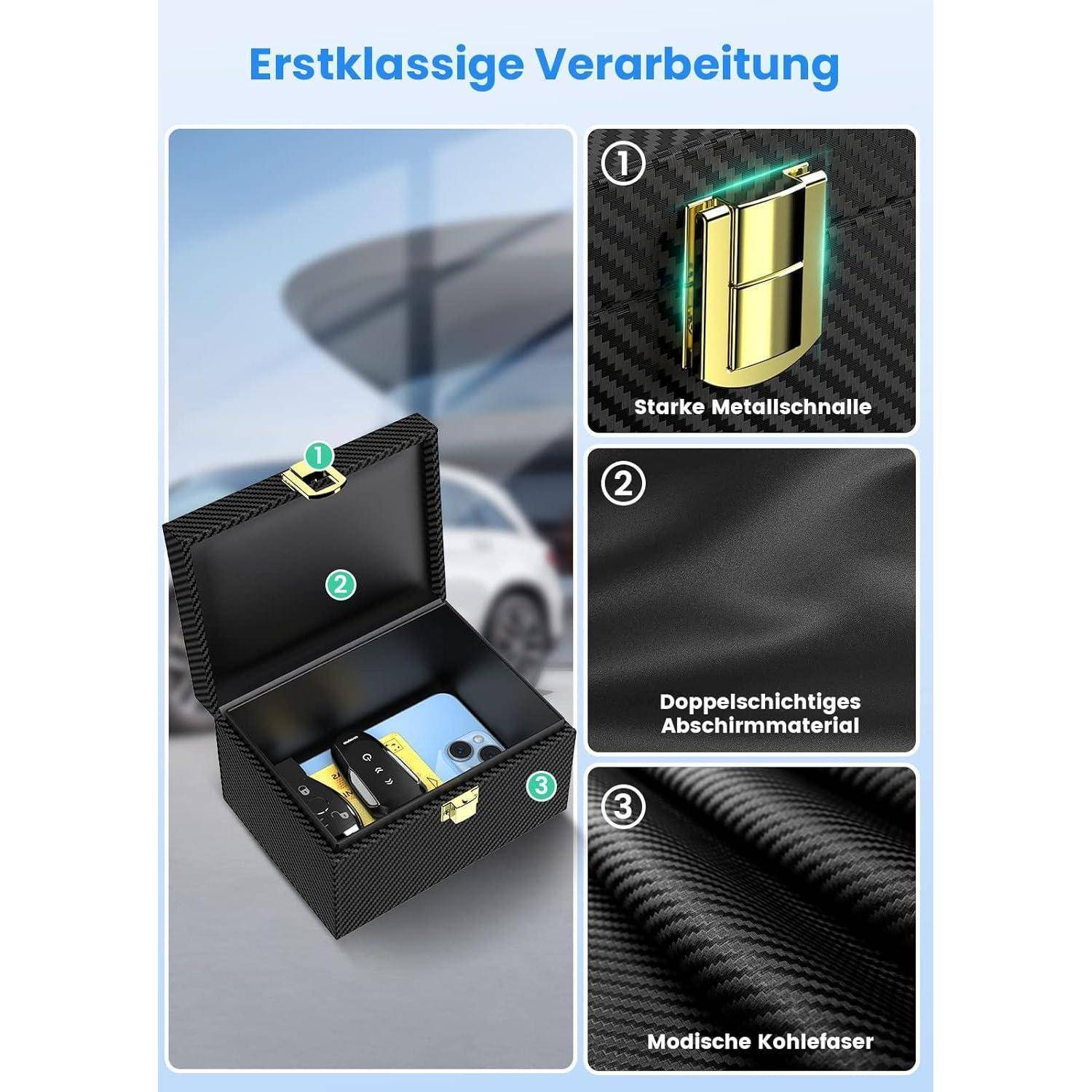 Produktabbildung einer schwarzen, kohlefaserähnlichen Lockbox mit Metallverschluss, gekennzeichnet mit 'starke Metallschale', 'Doppelschichtiges Abschirmmaterial' und 'Modische Kohlefaser'.