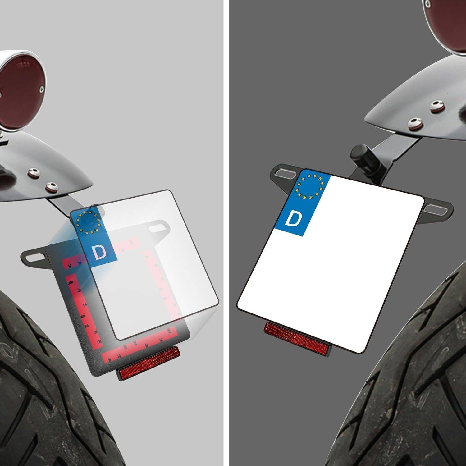 Geteiltes Bild mit einem Motorrad-Kennzeichenhalter hinten: links mit rotem reflektierendem Hintergrund und rechts mit leerem weißem Schild, beide unter dem Rücklicht montiert.
