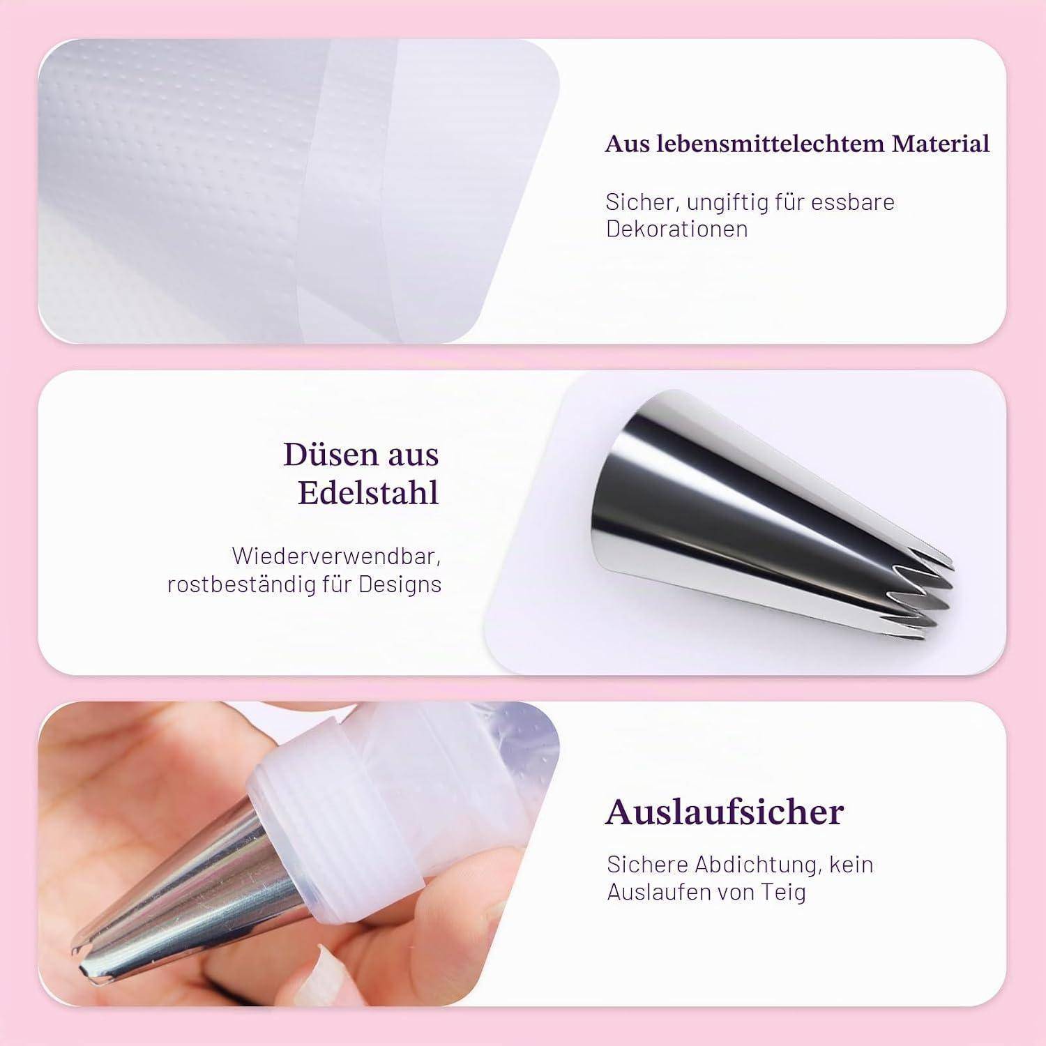 Deutsches Werbegrafik-Material zeigt drei Spritzbeutel-Aufsätze: lebensmittelgerechtes Material, Edelstahlspitzen und auslaufsicheres Design, das verhindert, dass Teig ausläuft.