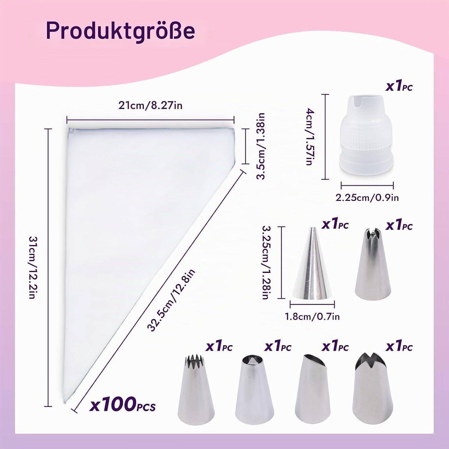 Produktgrößendiagramm mit einer großen Spritzbeutel, einem Kunststoffadapter und fünf Gebäckdüsen mit Abmessungen in cm und Zoll gekennzeichnet; Beutel dargestellt als x100 Stück.