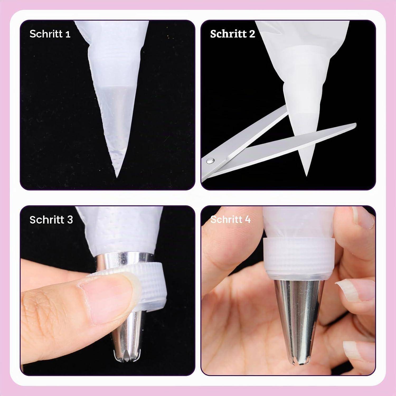 Vierschrittiges Anleitungs-Tutorial zum Kürzen und Befestigen einer Spritzbeutel-Spitze an einer Metall-Dekorierdüse, beschriftet mit 'Schritt 1' bis 'Schritt 4'.