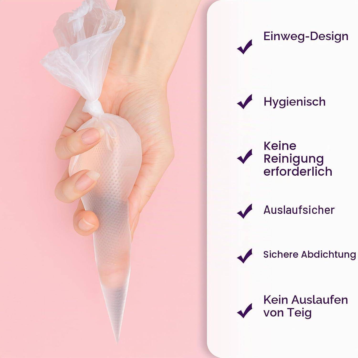 Hand hält eine Einweg-Spritzbeutel auf rosa Hintergrund; Deutsche Checkliste sagt 