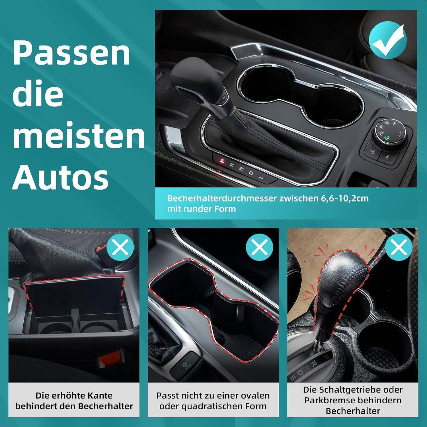 Infografik, die einen Auto-Getränkehalter zeigt, der in die meisten Autos passt; mit Hinweisen, dass runde Becher mit 6,6–10,2 cm passen, während erhöhte Kanten, ovale oder quadratische Formen sowie Schalthebel oder Handbremse ihn blockieren können.