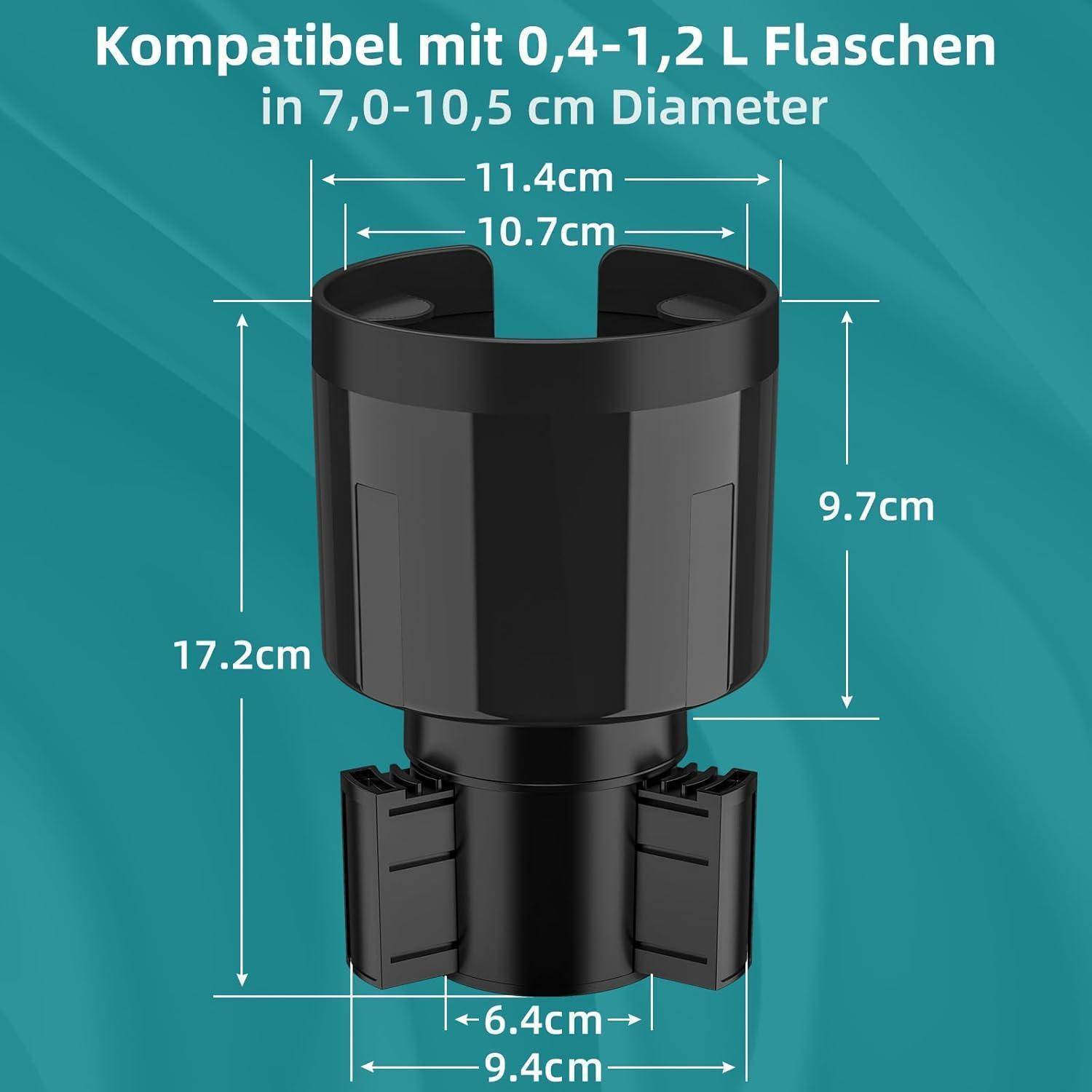 Flaschenhalter-Kompatibilitätsgrafik zeigt eine becherförmige Halterung für 0,4–1,2-L-Flaschen, passt auf Durchmesser von 7,0–10,5 cm; Schlüsseldimensionen beschriftet 11,4, 10,7, 9,7, 17,2, 6,4 und 9,4 cm.