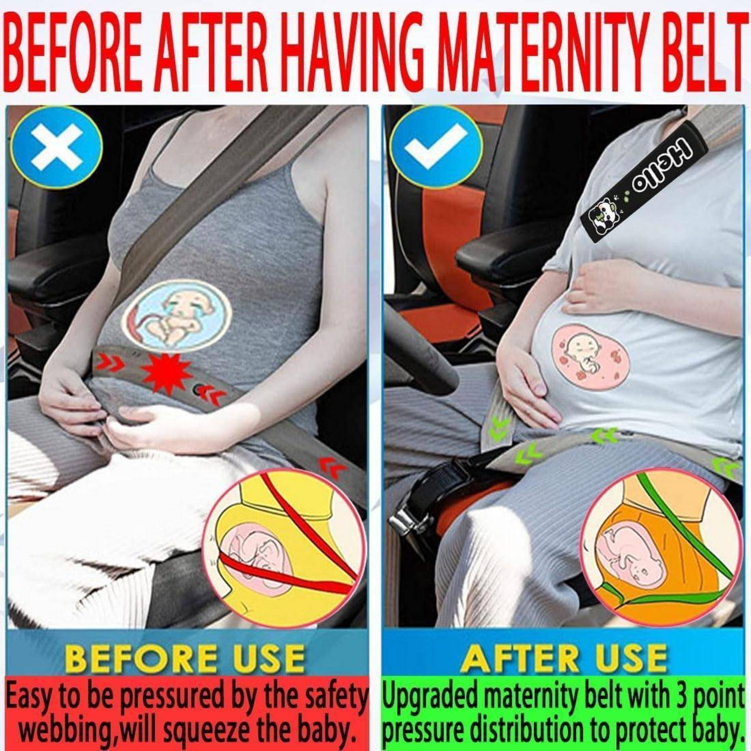 Vergleichsgrafik, die eine schwangere Passagierin mit und ohne Umstandsgürtel auf einem Autositz zeigt; vor der Verwendung unsicherer Druck auf den Bauch, nach der Verwendung stützt und schützt der Gürtel das Baby.