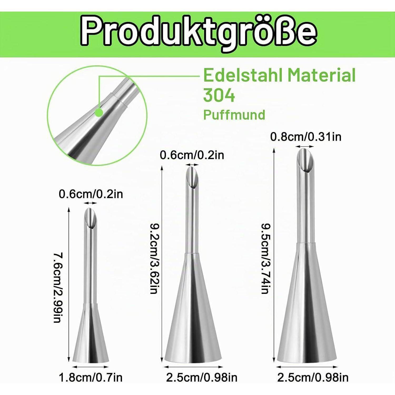 Produktgrößentabelle mit Edelstahl 304 Puffbackdüsen in drei Größen: 7,6 cm, 9,2 cm und 9,5 cm Höhe, mit Breiten von 1,8 bis 2,5 cm.