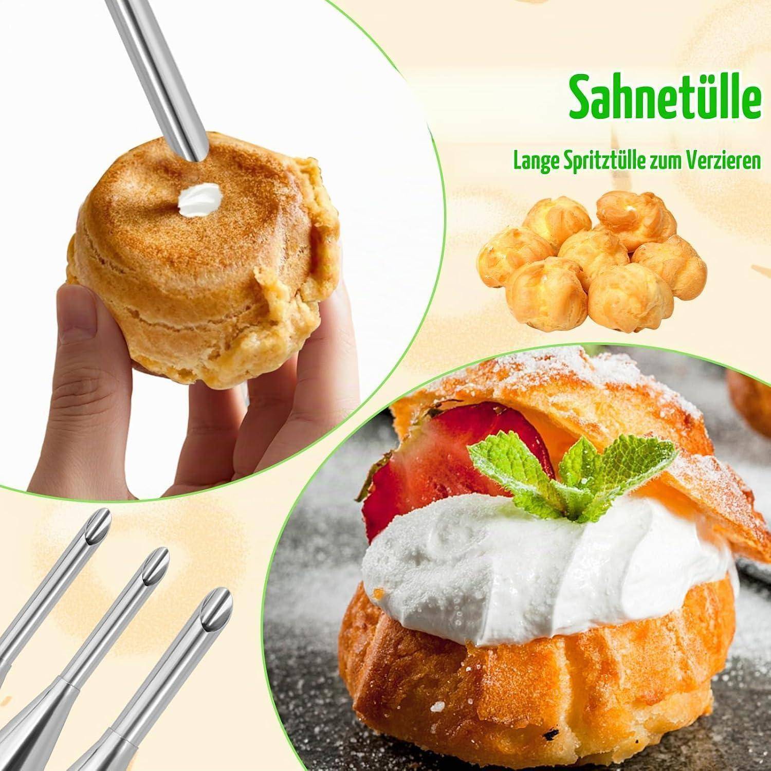 Anzeige für 'Sahnetülle' mit einer Metallkonditorspritze, die Windbeutel verziert, und einem gefüllten Gebäck mit Schlagsahne, Obst und Minze.
