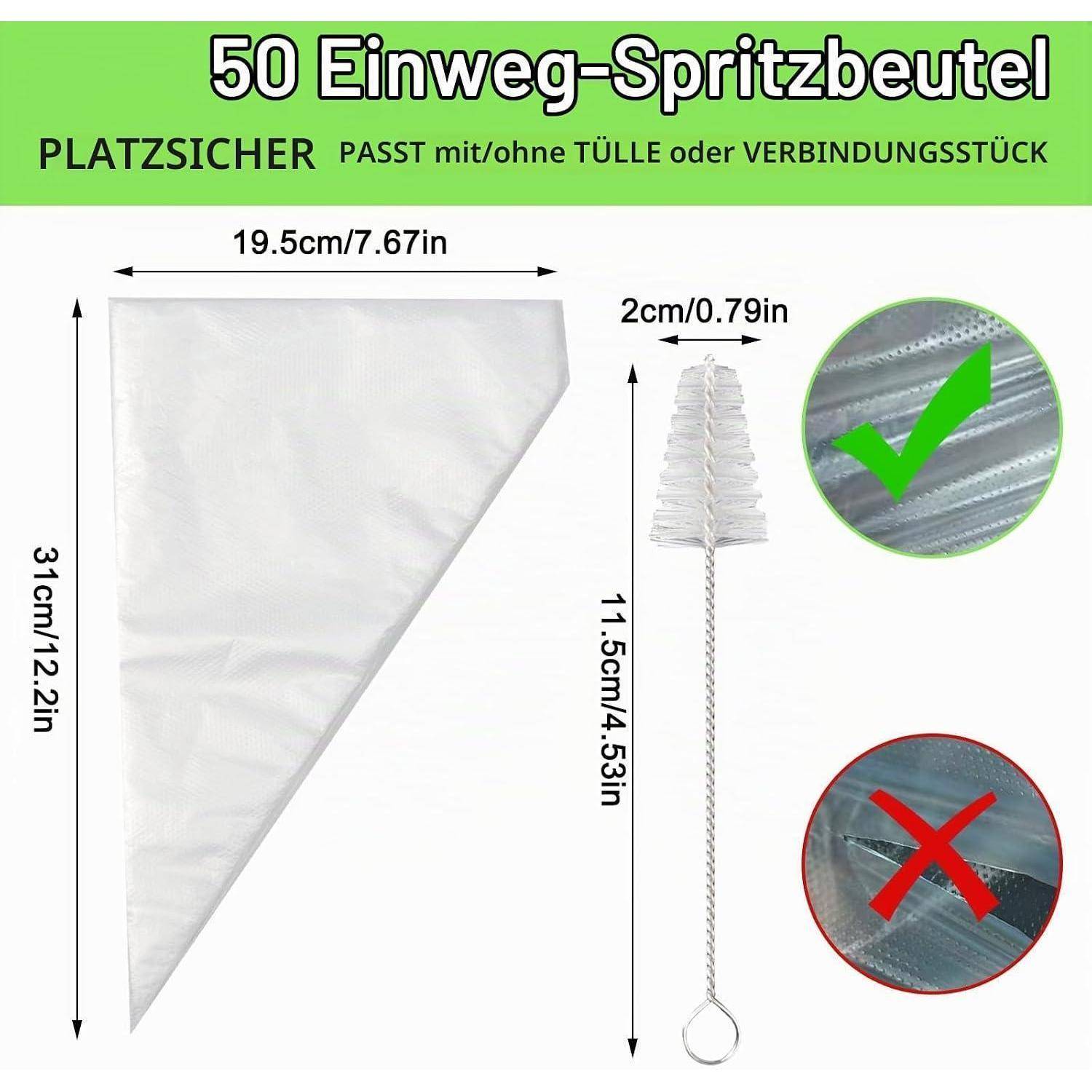 Diagramm von 50 Einweg-Spritzbeuteln, mit den Abmessungen 31 cm x 19,5 cm und einer 2 cm Düsenspitze, mit einem Beispiel für einen kompatiblen und inkompatiblen Stecker.