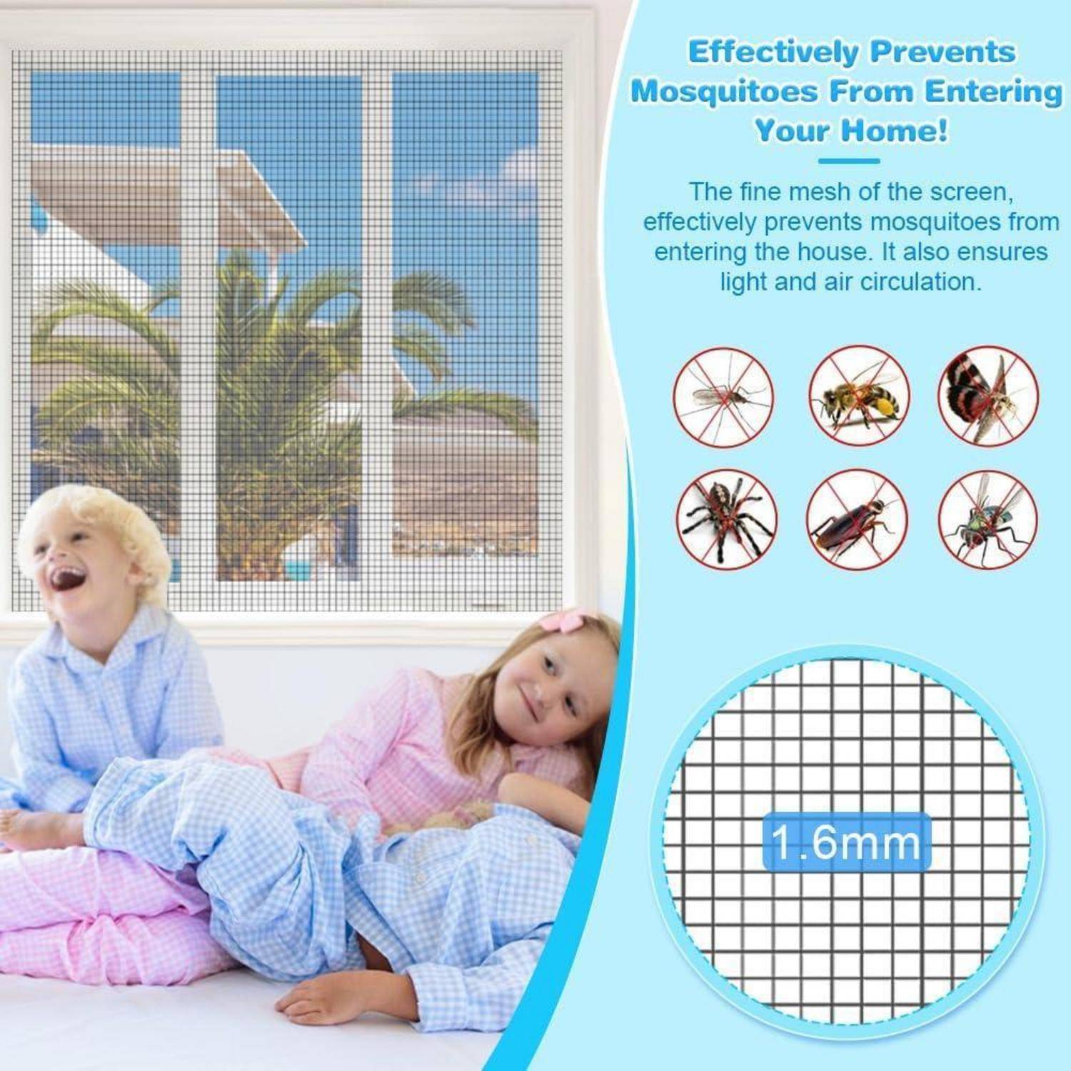 Werbegrafik zeigt ein feinmaschiges Fensterfliegengitter, das Mücken abhält und gleichzeitig Licht und Luft durchlässt, mit sicher schlafenden Kindern im Haus und einer Detailansicht des 1,6-mm-Maschennetzes.