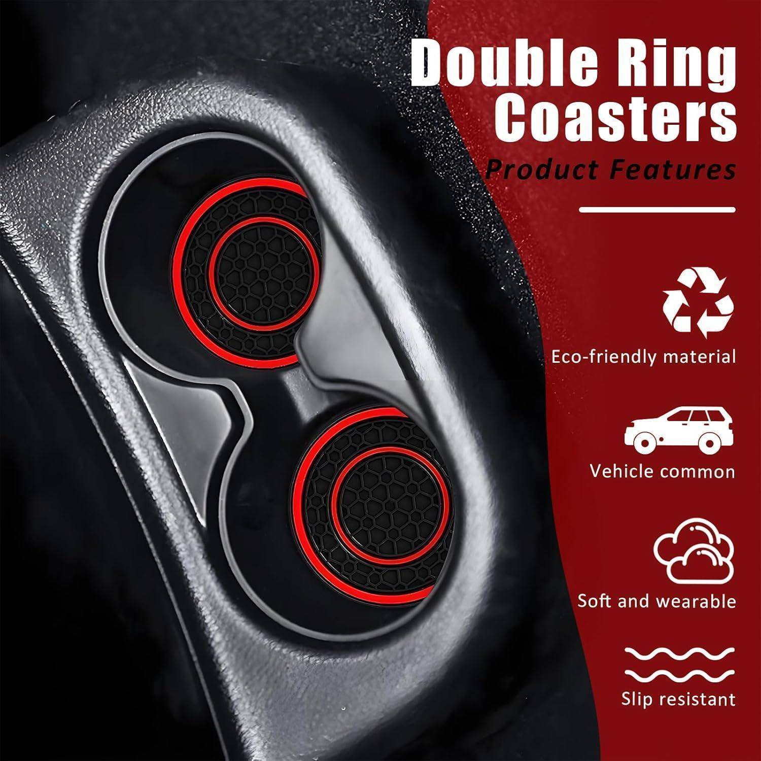 Werbegrafik der schwarzen und roten „Double Ring Coasters