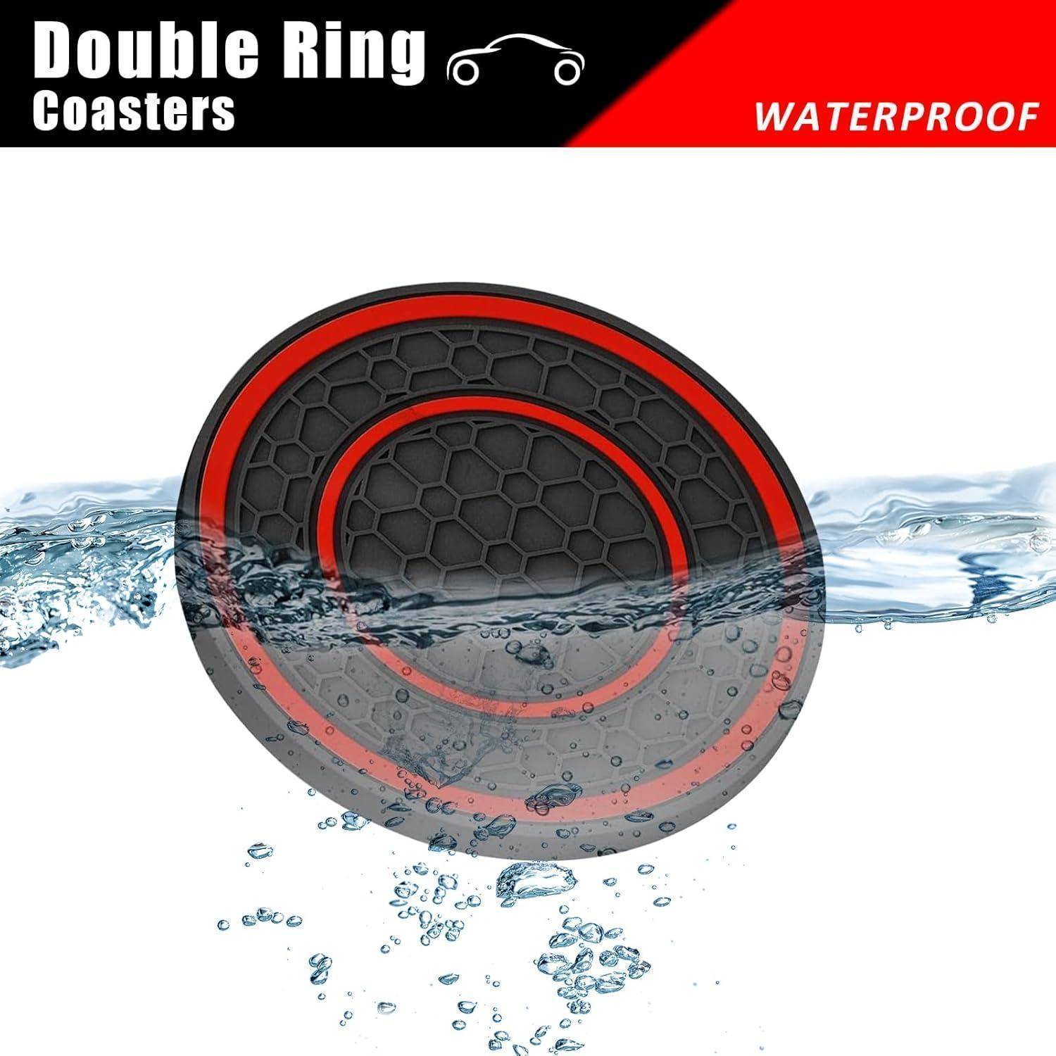 Produktanzeige für wasserdichte doppelringige Untersetzer, zeigt einen rot-schwarzen Untersetzer teilweise im Wasser versenkt mit dem Text „Double Ring Coasters