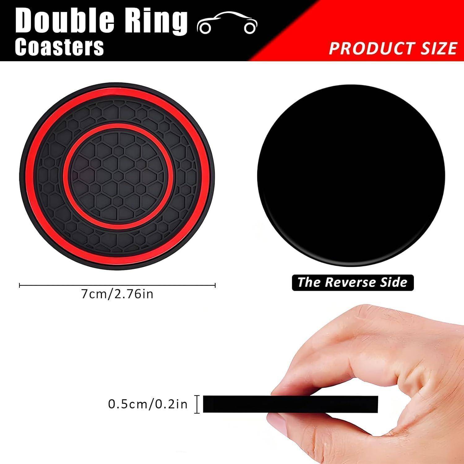 Produktgrößendiagramm für einen doppelringigen Untersetzer, mit Vorder- und Rückseite dargestellt. Der Durchmesser beträgt 7 cm (2,76 Zoll) und die Dicke beträgt 0,5 cm (0,2 Zoll).