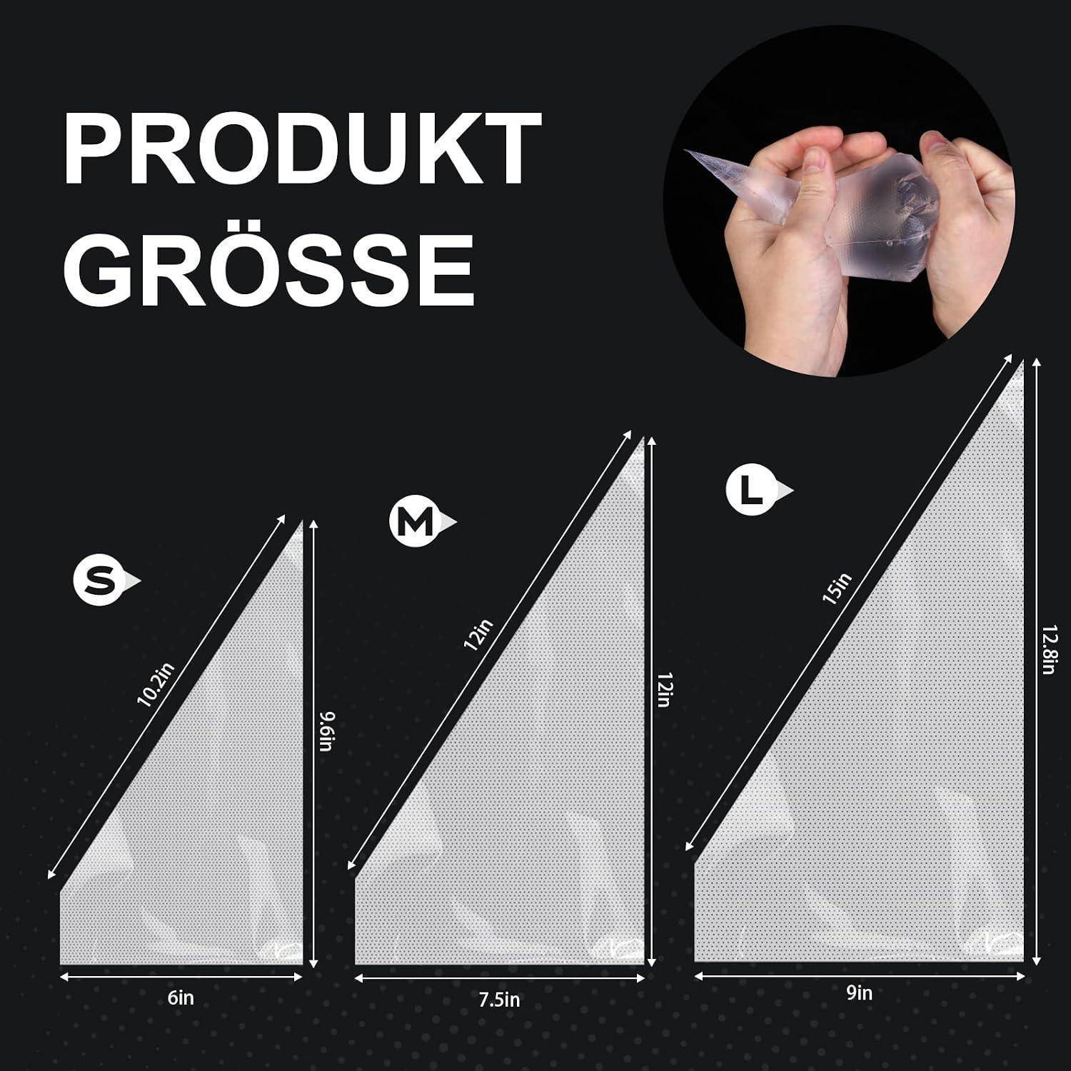 Größentabelle für einen Kunststoff-Kegelbeutel mit der Bezeichnung „PRODUKT GRÖSSE