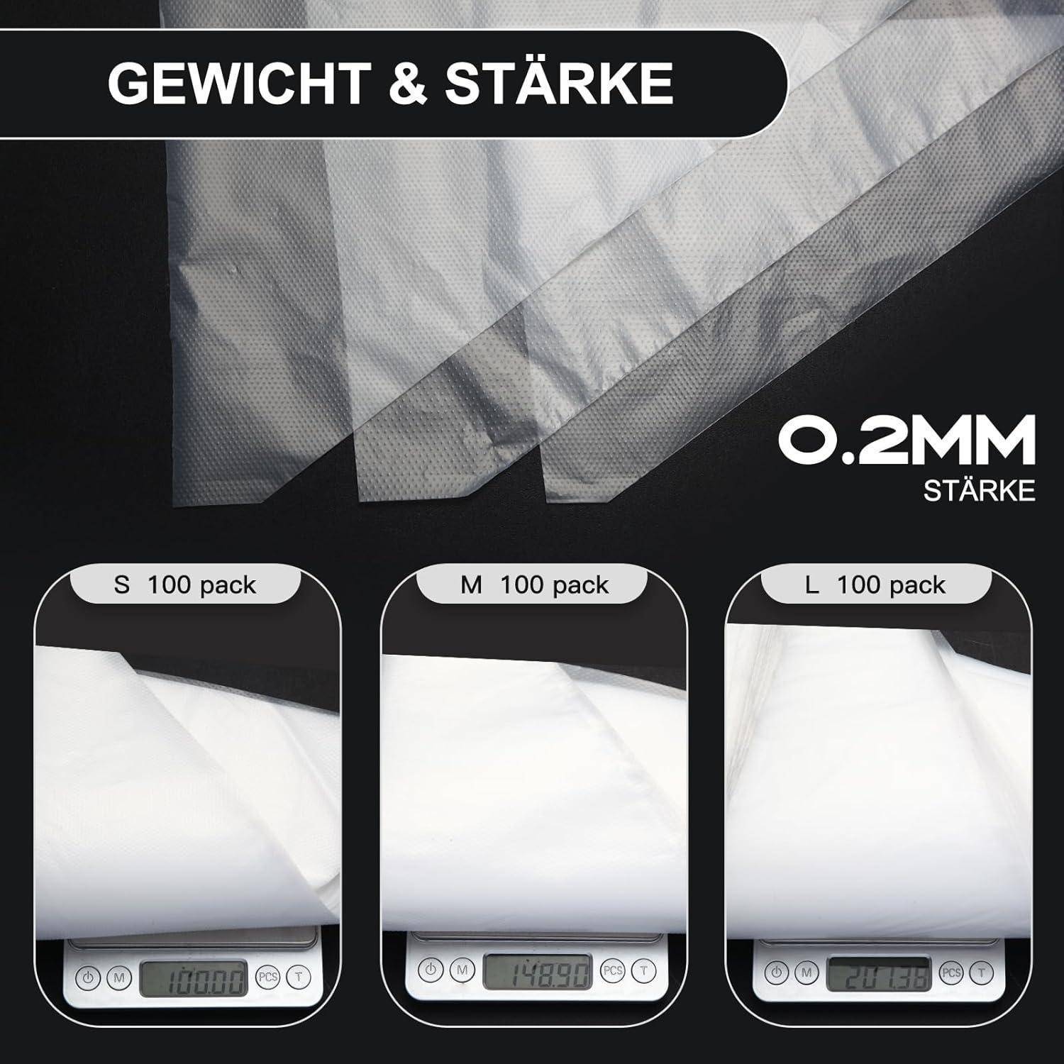 Produktbild zum Vergleich von S-, M- und L-100er-Pack-Beuteln auf Waagen, beschriftet mit „GEWICHT & STÄRKE