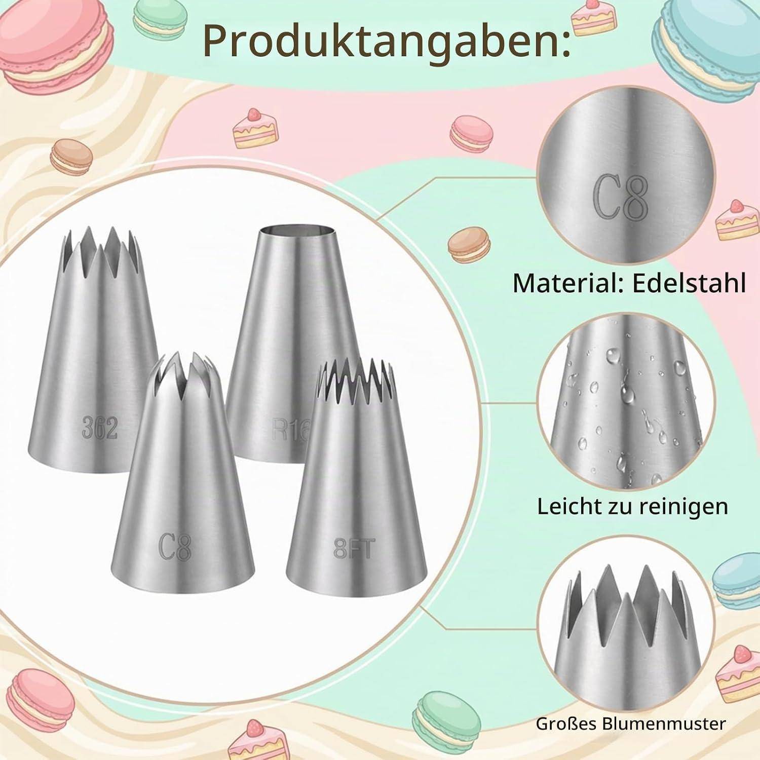 Produktbild mit vier Edelstahl-Spritztüllen in verschiedenen Spitzenformen; zeigt 'Material: Edelstahl', 'Leicht zu reinigen' und 'Großes Blumenmuster'.