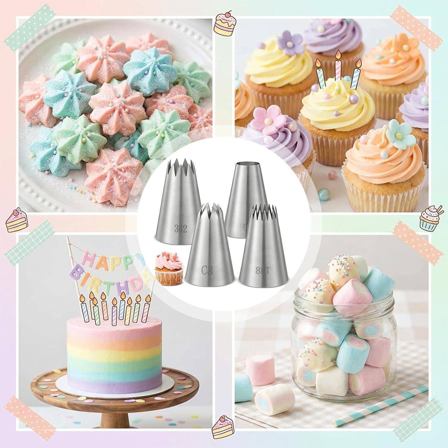 Collage aus Pastelltorten und Cupcakes mit zentrierten Metallspritztüllen, die dekorative Zuckergussstile und Backwerkzeuge zeigt.