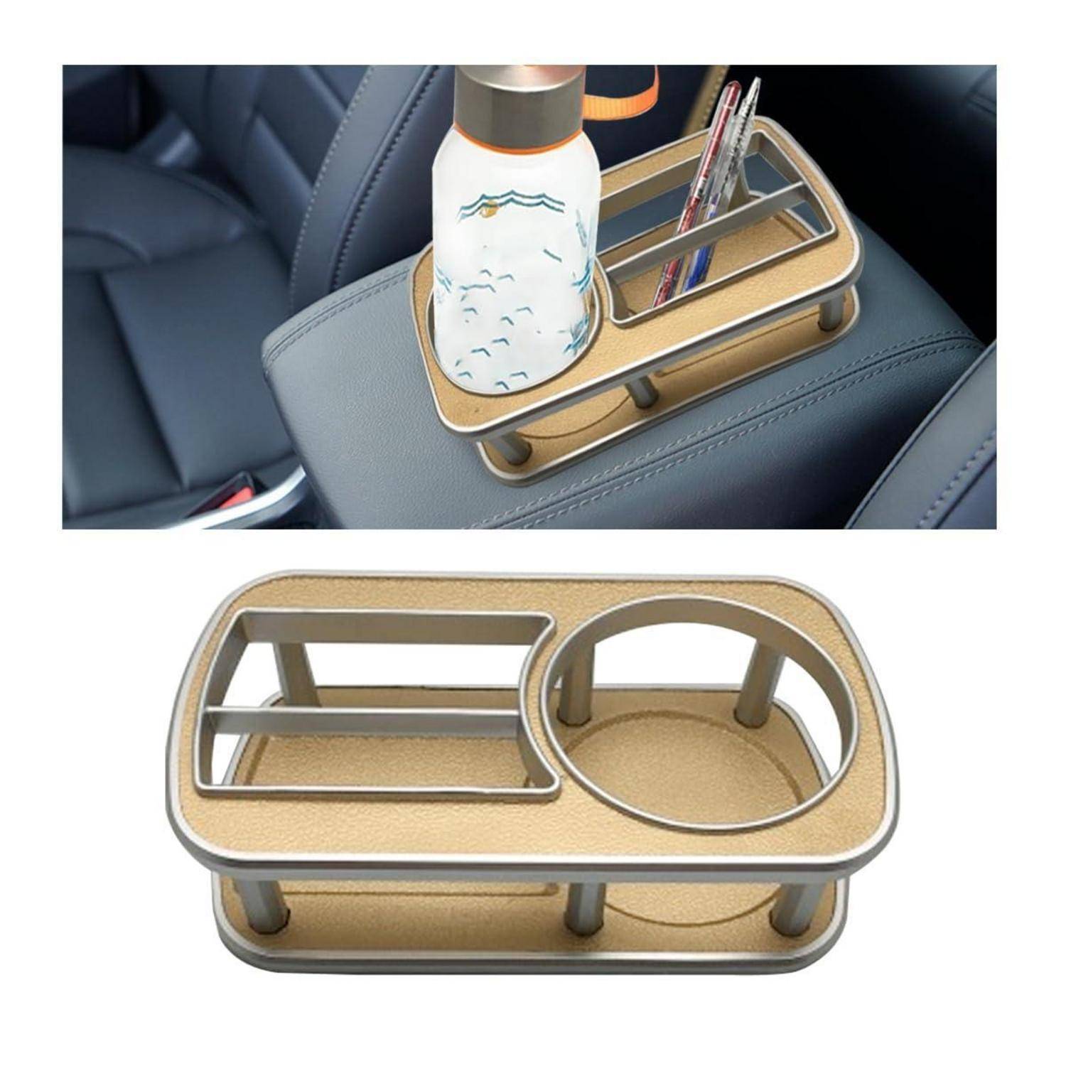 Getränkehalter-Organizer für das Auto mit einer Flasche und Stiften, die auf einer Mittelkonsole installiert sind, sowie eine Produktansicht darunter.