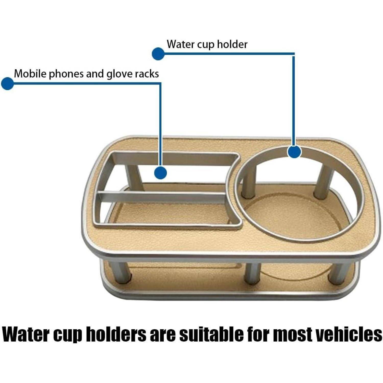Annotierter Auto-Organizer mit Getränkehalter und Telefon-/Handschuhfach; die Bildunterschrift besagt, dass Wasserbecher-Halter für die meisten Fahrzeuge geeignet sind.