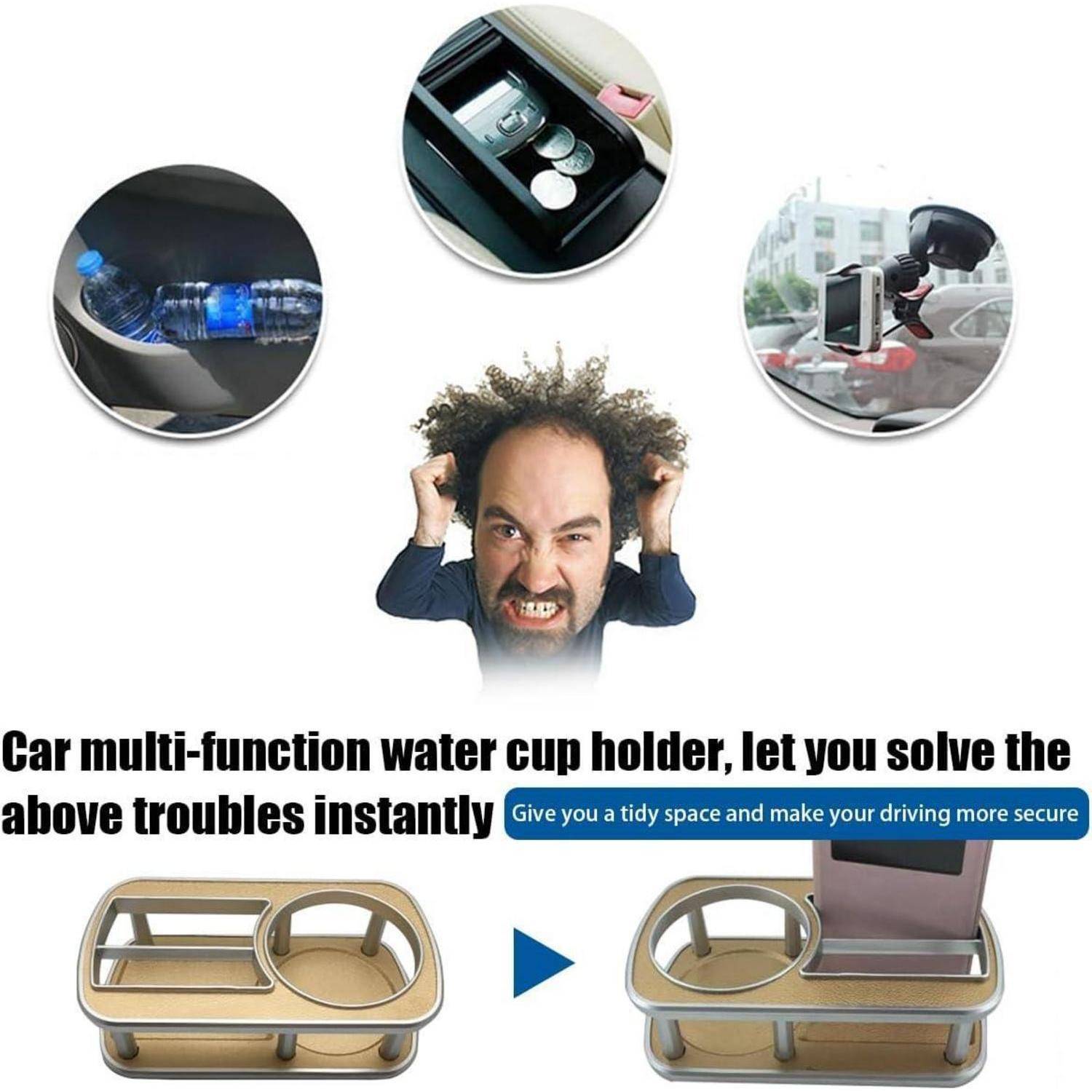 Werbebild für einen Auto-Multifunktions-Getränkehalter mit Telefon- und Münzspeicherung sowie Wasserflaschenpassform, mit vorher-nachher-Layout und einer Illustration eines gestressten Fahrers.