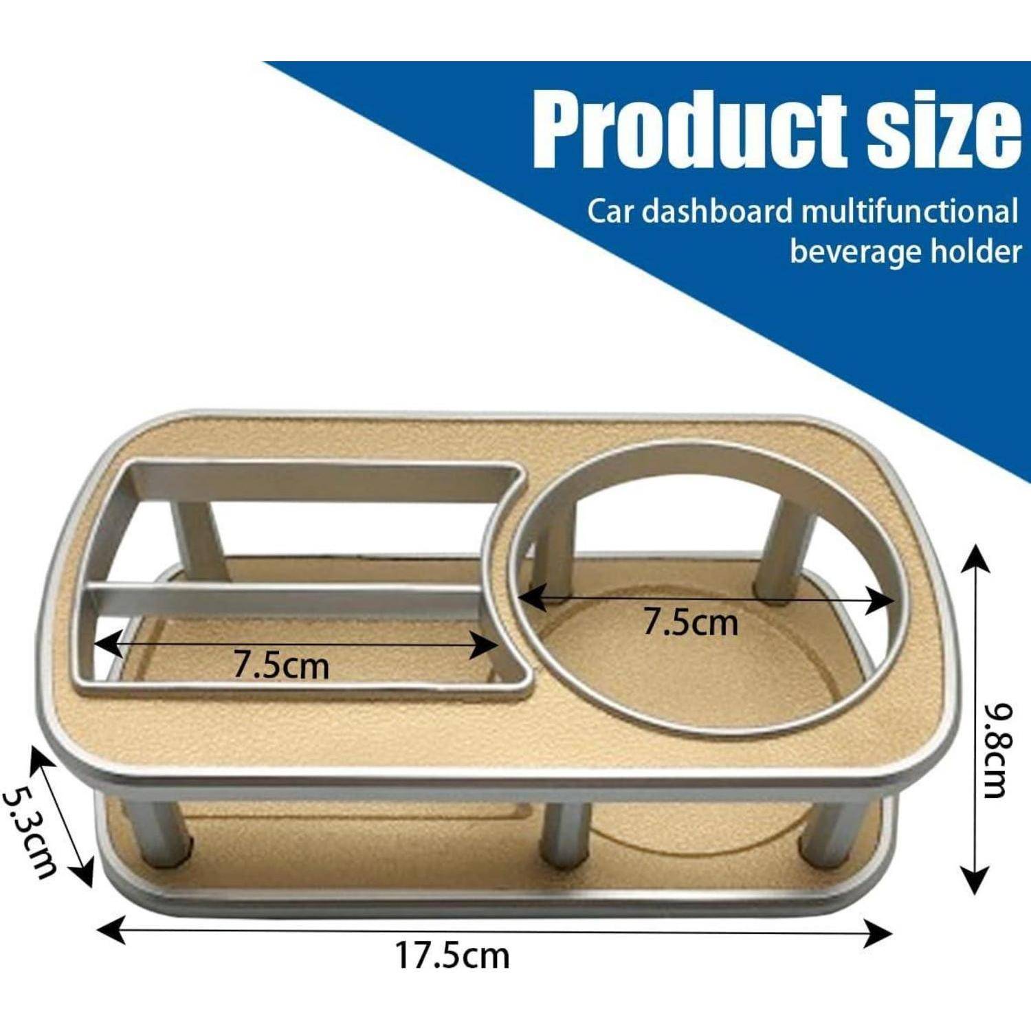 Diagramm einer Auto-Armaturenbrett-Multifunktions-Getränkehalterung mit Produktgrößenangaben: 17,5 cm breit, 9,8 cm hoch, 5,3 cm tief und zwei 7,5 cm Öffnungen.