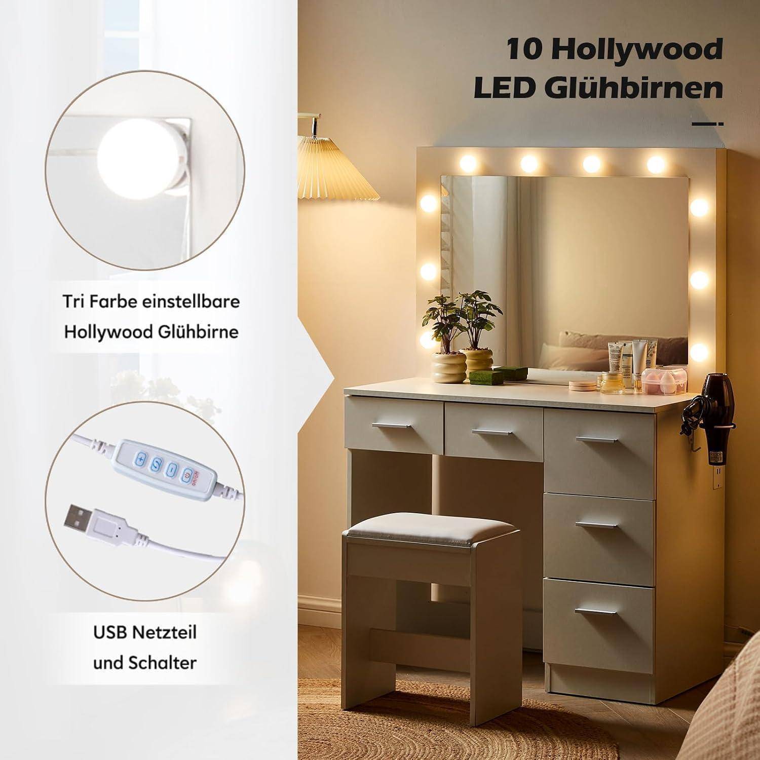 Schminktisch mit Spiegel umgeben von 10 LED-Lampen; Text hebt die dreifarben verstellbare Hollywood-Lampe und USB-Stromversorgung mit Schalter hervor.