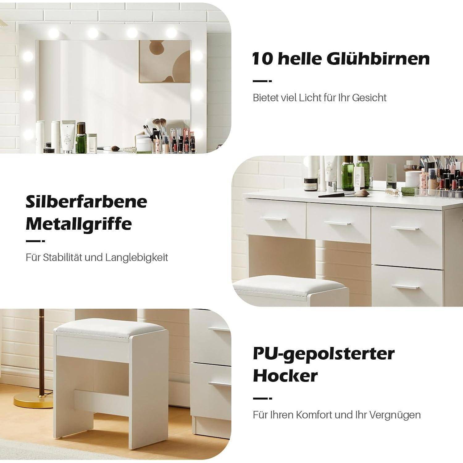 Werbecollage eines weißen Schminktischsets mit Spiegel, 10 Glühbirnen, silberfarbenen Metallgriffen und PU-gepolstertem Hocker; betont Licht, Stabilität und Komfort.