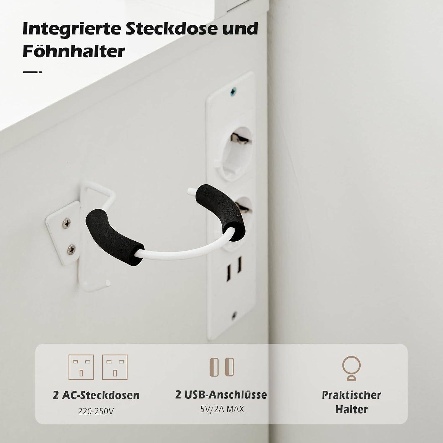 Wandmontierte Einheit mit integrierter Steckdose und Haartrocknerhalter, mit zwei AC-Steckdosen, zwei USB-Anschlüssen und einem praktischen Halter.