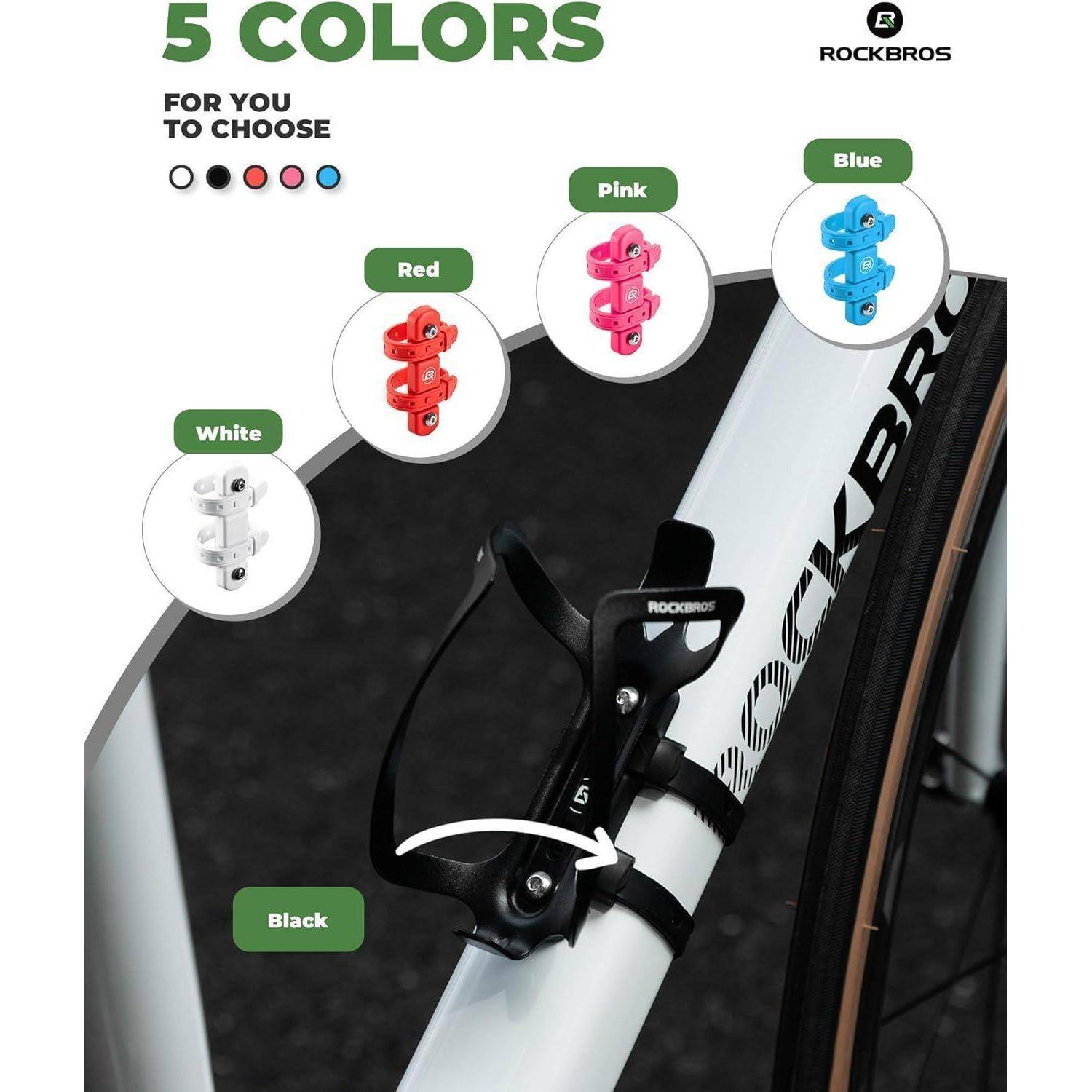 ROCKBROS Flaschenhalter zur Rahmenmontage am Fahrrad, mit drehbarer Klemmvorrichtung und fünf Farboptionen: Weiß, Schwarz, Rot, Rosa und Blau.