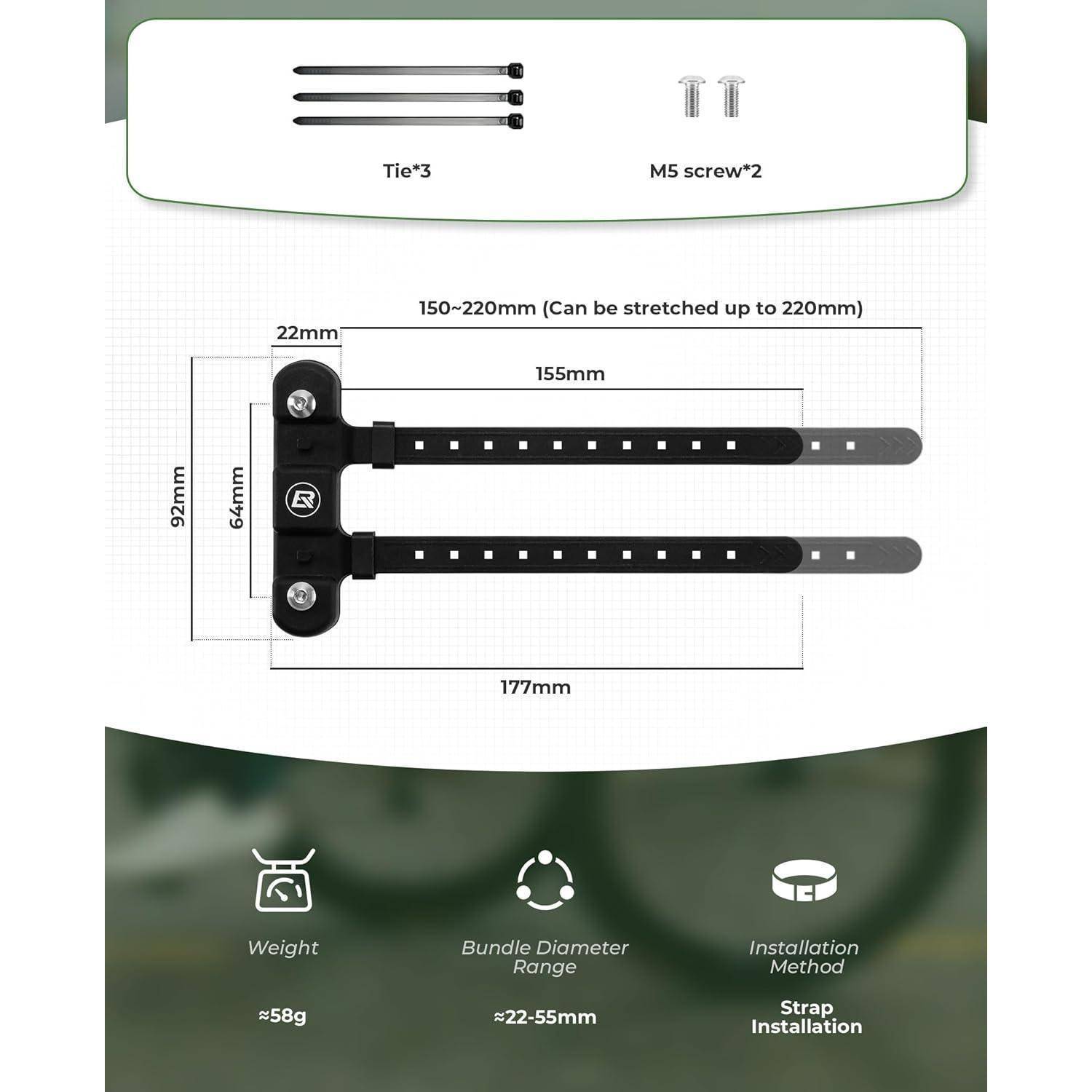 Produktdiagramm einer Zweiband-Befestigungshalterung mit 3 integrierten Kabelbindern und 2 M5-Schrauben, zeigend Abmessungen, verstellbare Länge, Bundeldurchmesserbereich, Gewicht und Befestigungsmethode des Riemens.
