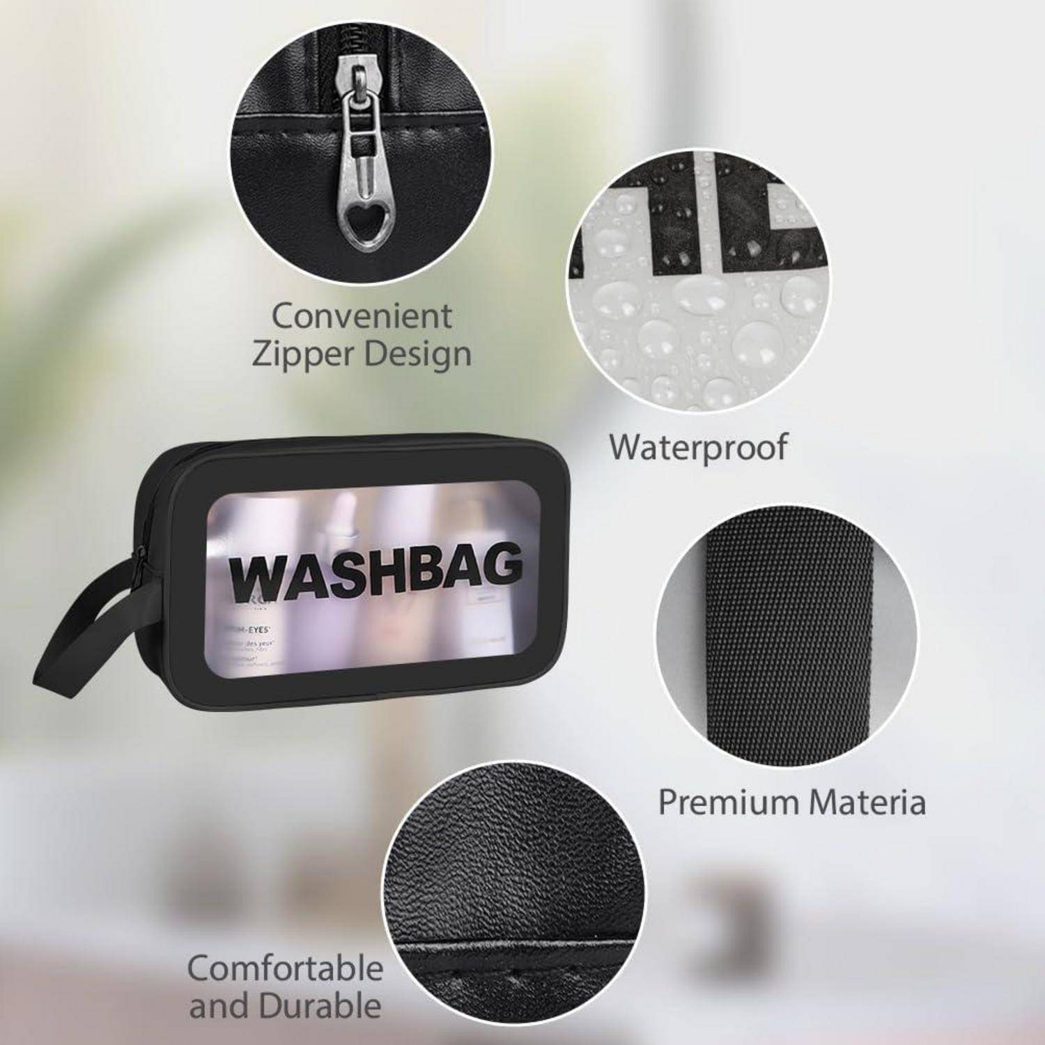 Werbebild einer schwarzen wasserdichten Kulturtasche mit transparenter Vorderseite, die das Reißverschlussdesign, das Premium-Material und die langlebige Konstruktion hervorhebt.