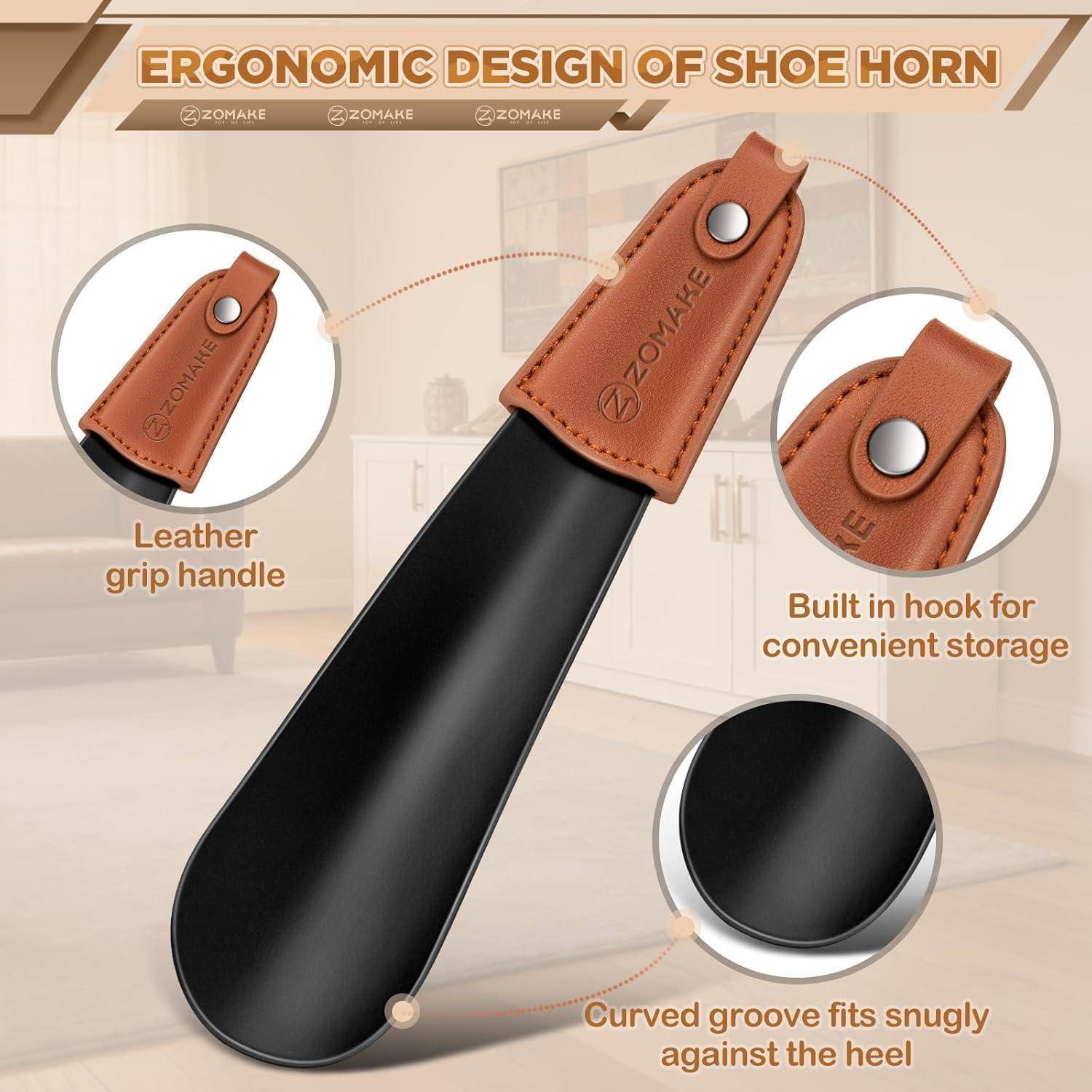 Infografik eines ergonomischen Schuhanziehers mit Ledergriffgriff, eingebautem Aufhängungshaken und gewölbter Rille, die sich perfekt an die Ferse anpasst.