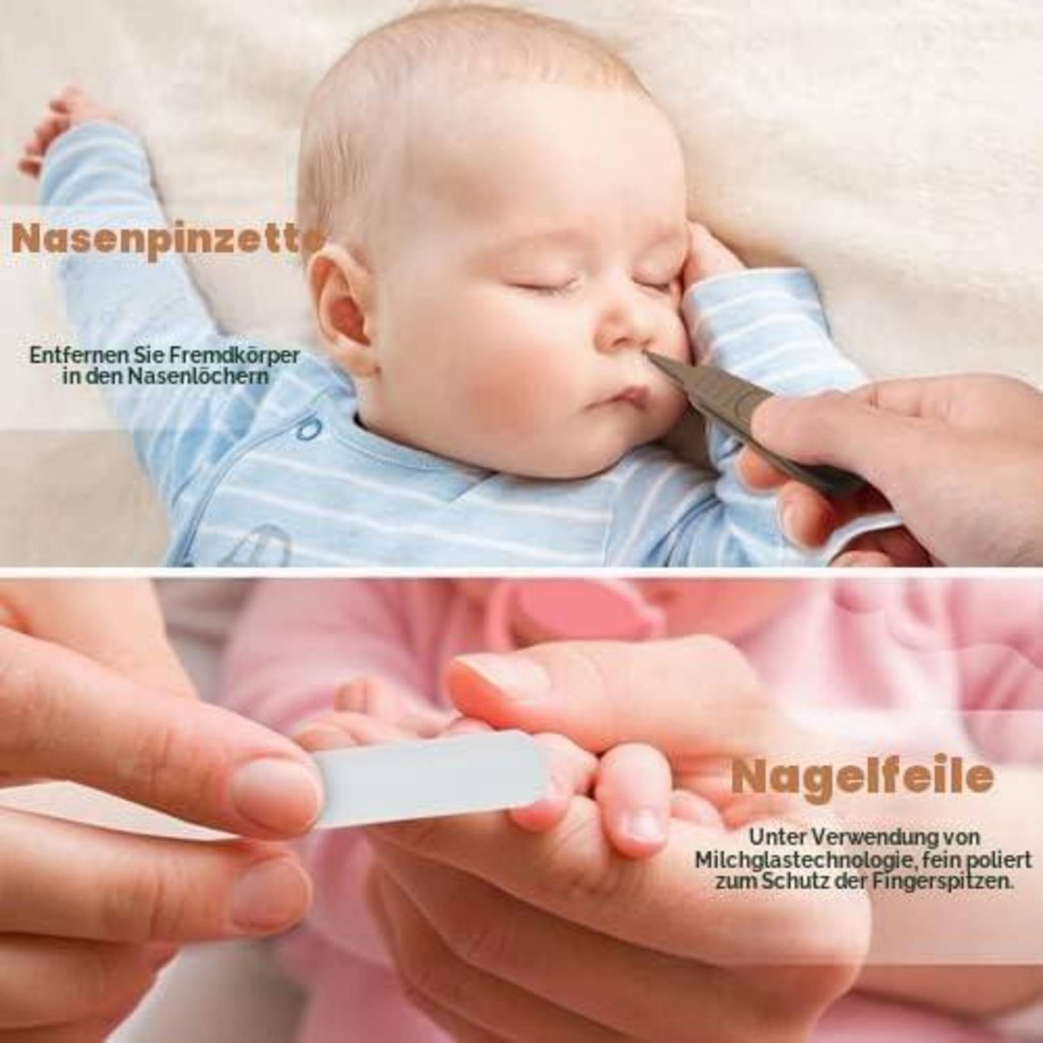 Zweiteiliges Sicherheitsbild: Eine Babynase wird mit einer Pinzette mit der Bezeichnung „Nasenpinzette