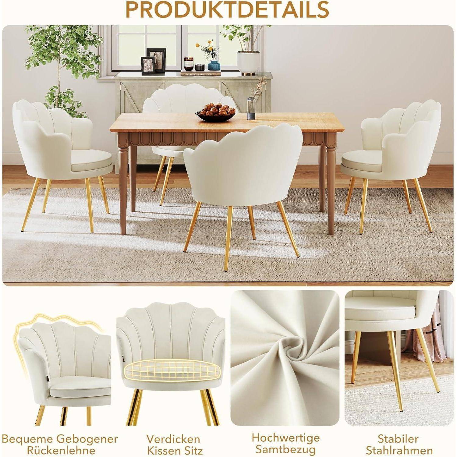 Produktdetailbild eines beigen gepolsterten Esszimmerstuhls mit geschwungener Rückenlehne, goldfarbenen Beinen und gepolstertem Sitz in einem modernen Esszimmer; eingefügte Nahaufnahmen zeigen den Sitz, den Stoff und das stabile Gestell.