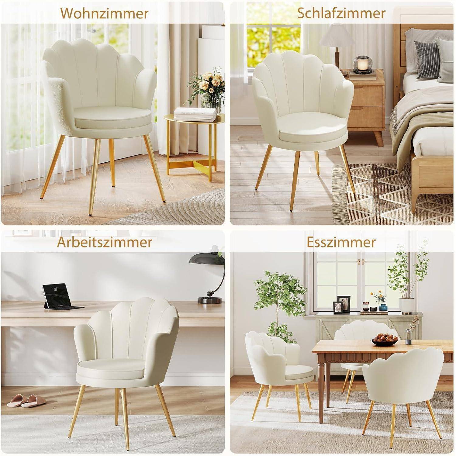 Vier Ansichten eines weiß gepolsterten Stuhls mit goldenen Beinen, platziert in Wohnzimmer-, Schlafzimmer-, Büro- und Esszimmerumgebungen.
