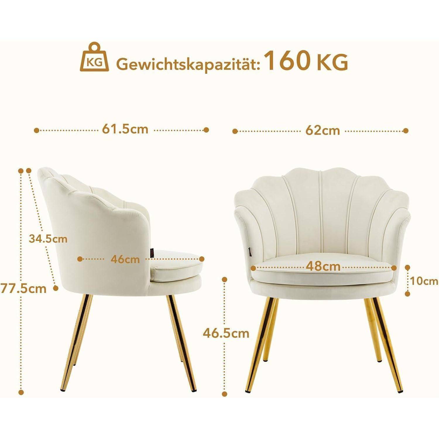 Produktabmessungen eines cremefarbenen gepolsterten Stuhls: Gewichtskapazität 160 kg, Breite 62 cm, Tiefe 61,5 cm, Sitzbreite 48 cm, Sitzhöhe 46,5 cm, Gesamthöhe 77,5 cm.