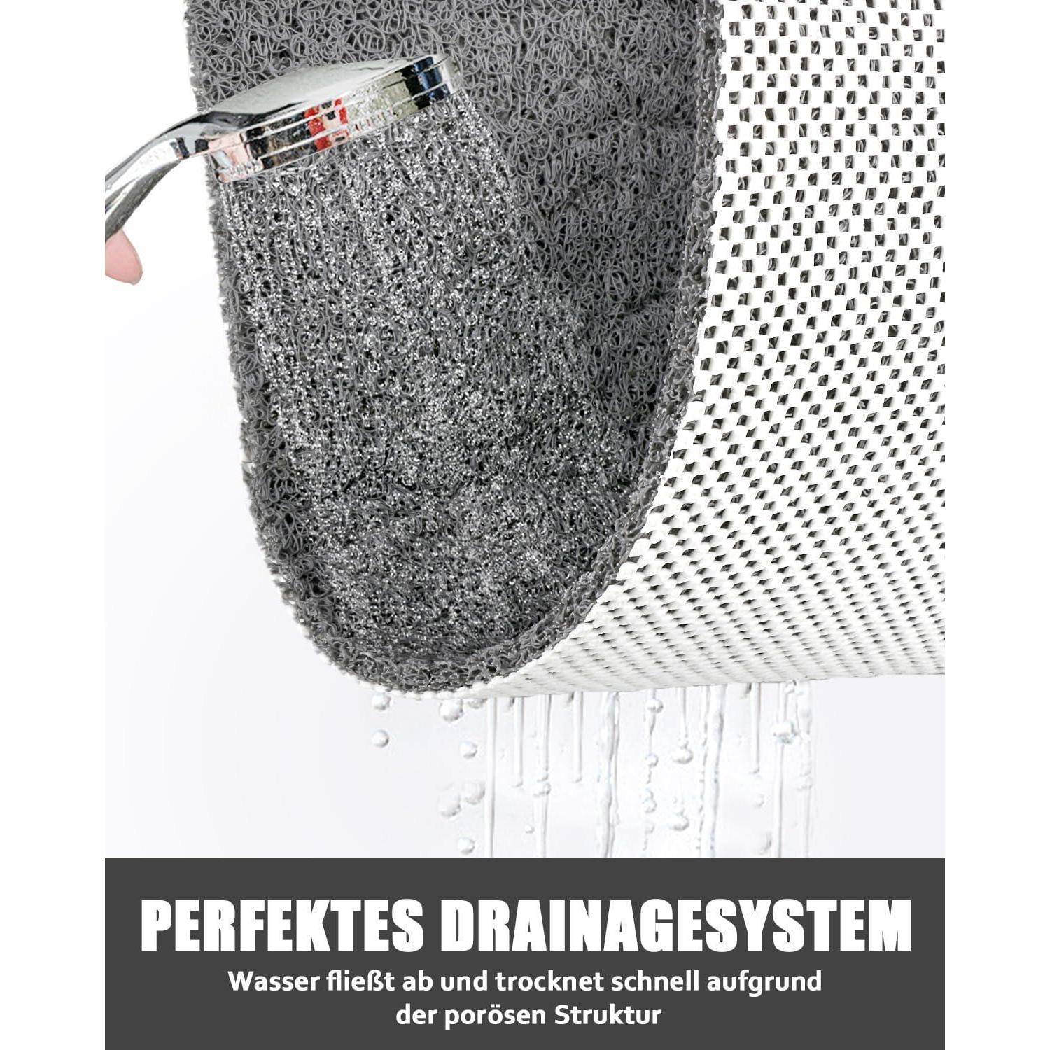 Nahaufnahme einer Drainmatte, die Wasser durch ihre poröse Struktur fließen zeigt, mit deutschem Text, der lautet „PERFEKTES DRAINAGESYSTEM" und „Wasser fließt ab und trocknet schnell aufgrund der porösen Struktur"".