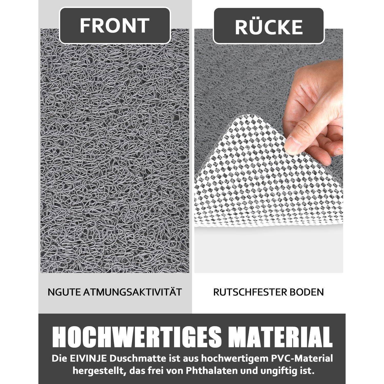 Produktbild mit Vergleich einer grauen Badematte mit Vorderseite und rutschfester Rückseite, mit deutschen Beschriftungen, die das atmungsaktive Material, die Rutschfestigkeit und das hochwertige PVC hervorheben.