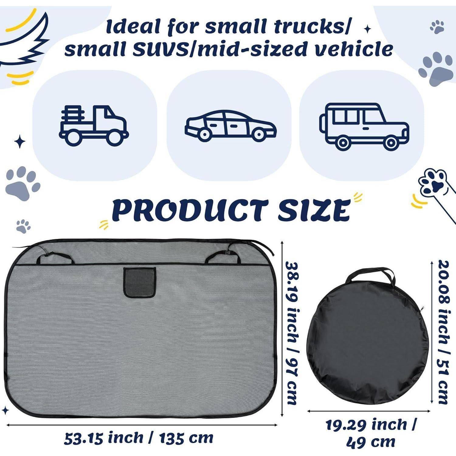 Größendiagramm für eine Fahrzeug-Ladefläche: passt auf kleine Lastwagen, kleine SUVs und mittelgroße Fahrzeuge; Hauptabdeckung 53,15 x 38,19 Zoll, Faltgröße 19,29 x 20,08 Zoll.