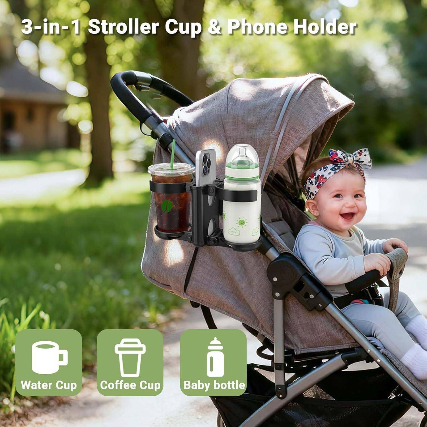 Kinderwagen mit 3-in-1-Getränkehalter und Handyhalter mit Wasser-, Kaffeetasse und Babyflasche, abgebildet neben einem lächelnden Baby.