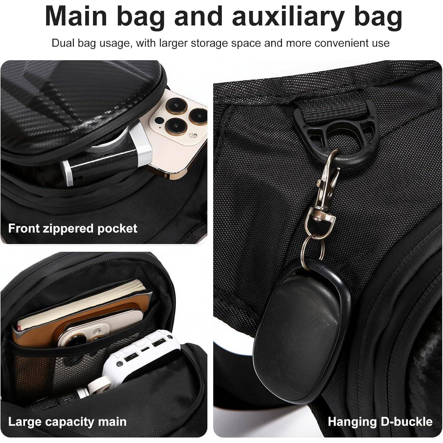 Produktbild einer schwarzen Tasche mit Haupt- und Nebenabteilen: vordere Reißverschlusstasche, großer Hauptlagerbereich und hängende D-Ring-Befestigung für Zubehör.