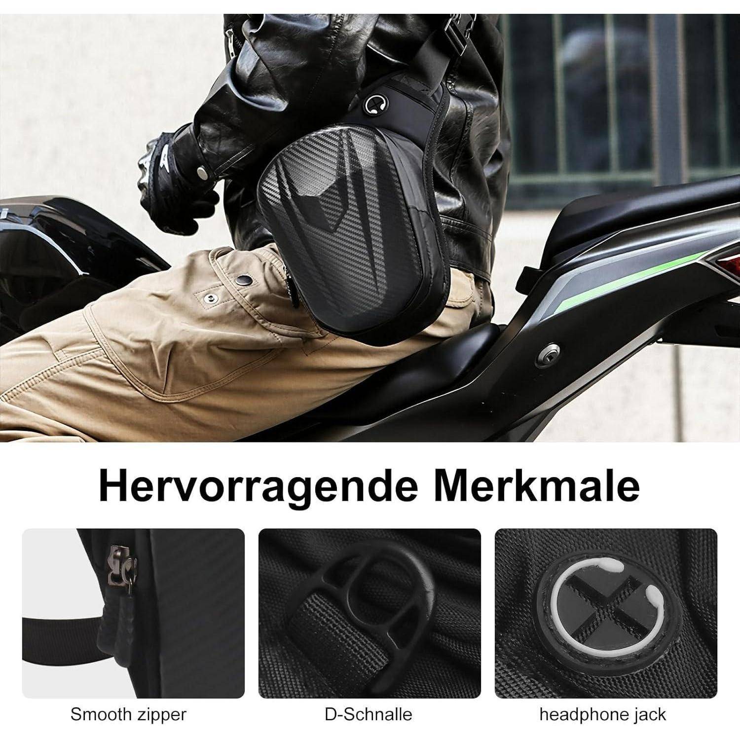 Person riding a motorcycle with a black carbon-fiber leg bag; below, German text 'Hervorragende Merkmale' and three feature close-ups labeled smooth zipper, D-buckle, and headphone jack.