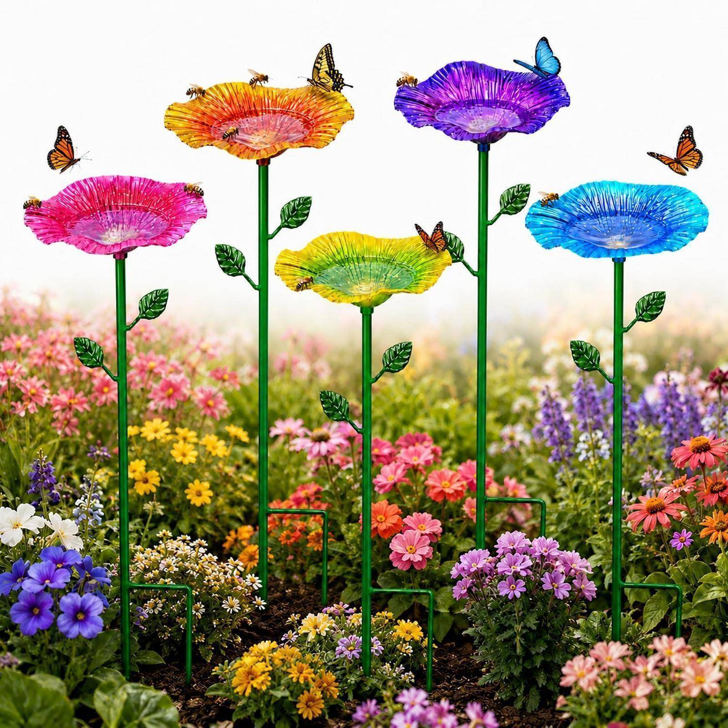 Bunte stilisierte Gartenblumen auf hohen grünen Stielen in einem Blumenbeet, mit Schmetterlingen, die darüber flattern.