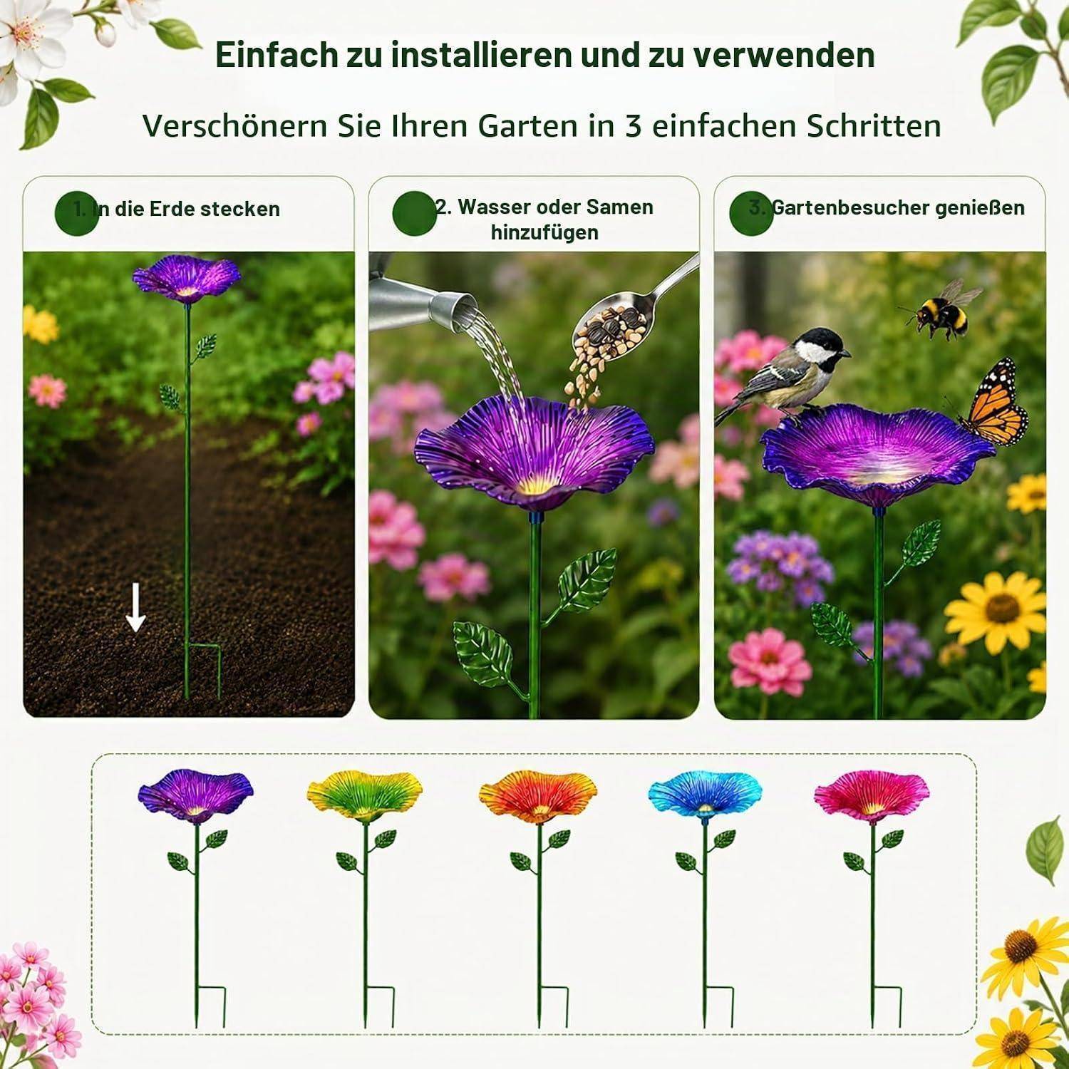 Infografik zur Installation und Verwendung eines dekorativen Blumenstabs in 3 Schritten: In die Erde einführen, Wasser oder Samen hinzufügen, dann den Besuch von Vögeln und Schmetterlingen genießen.