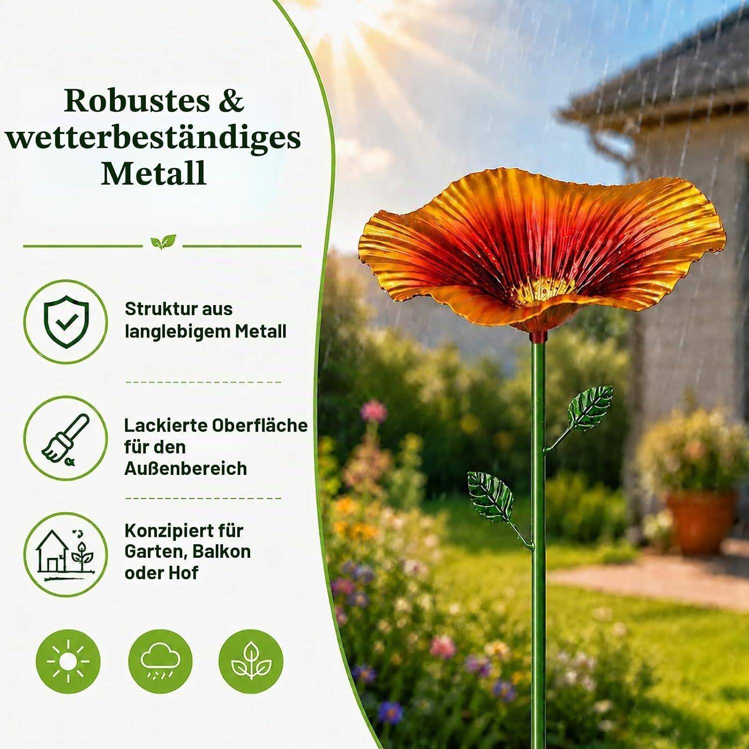 Robustes Metallblüte für den Garten mit deutscher Werbetextgebung: 'Robustes & wetterbeständiges Metall'; listet langlebiges Metall, wetterfeste Lackierung und Verwendung für Garten, Balkon oder Hof auf.