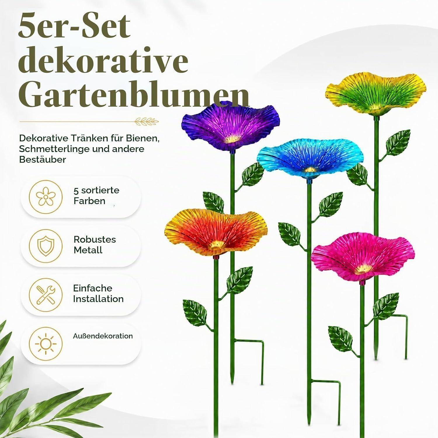 Fünf dekorative Gartenblumierstangen in verschiedenen Farben, zur Außendekoration und als Nektarquellen für Bienen und Bestäuber; Metall, einfach zu installieren.